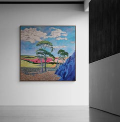 Large Colourful Exotic Impressionistic Landscape Painting "African Sky Blue"