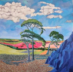 Large Colourful Exotic Impressionistic Landscape Painting "African Sky Blue"