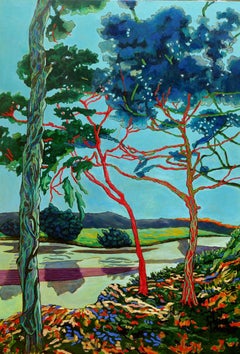 Grande dipinto di paesaggio esotico e colorato "Heure Bleu