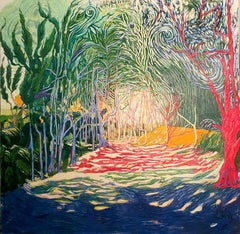Grande peinture de paysage exotique colorée « Le Cirque est dans le Jardin »
