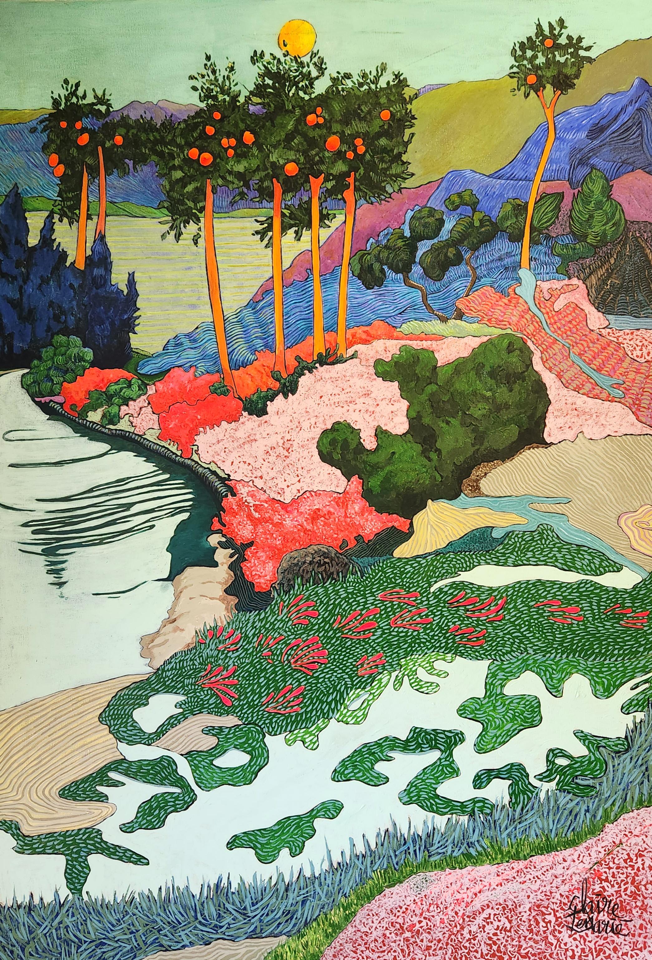 Claire Denarie-Soffietti Portrait Painting - Large Colourful Exotic Landscape Painting "Mandarin"