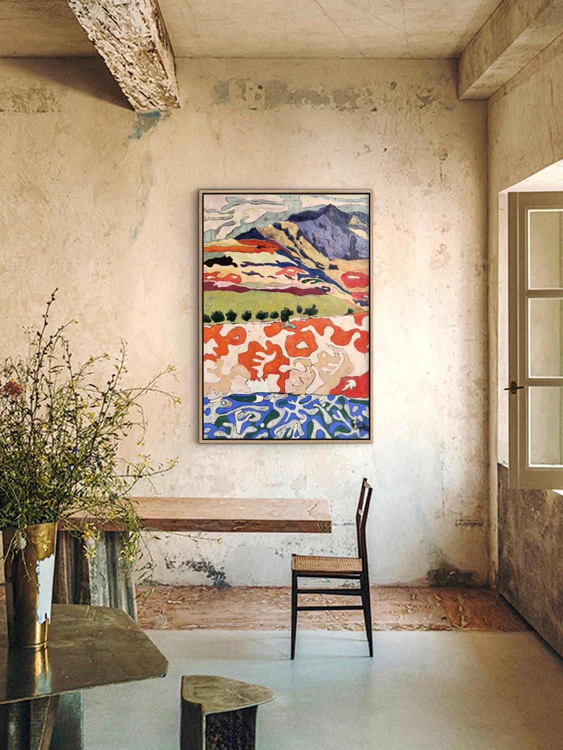 Grande dipinto di paesaggio esotico colorato 
