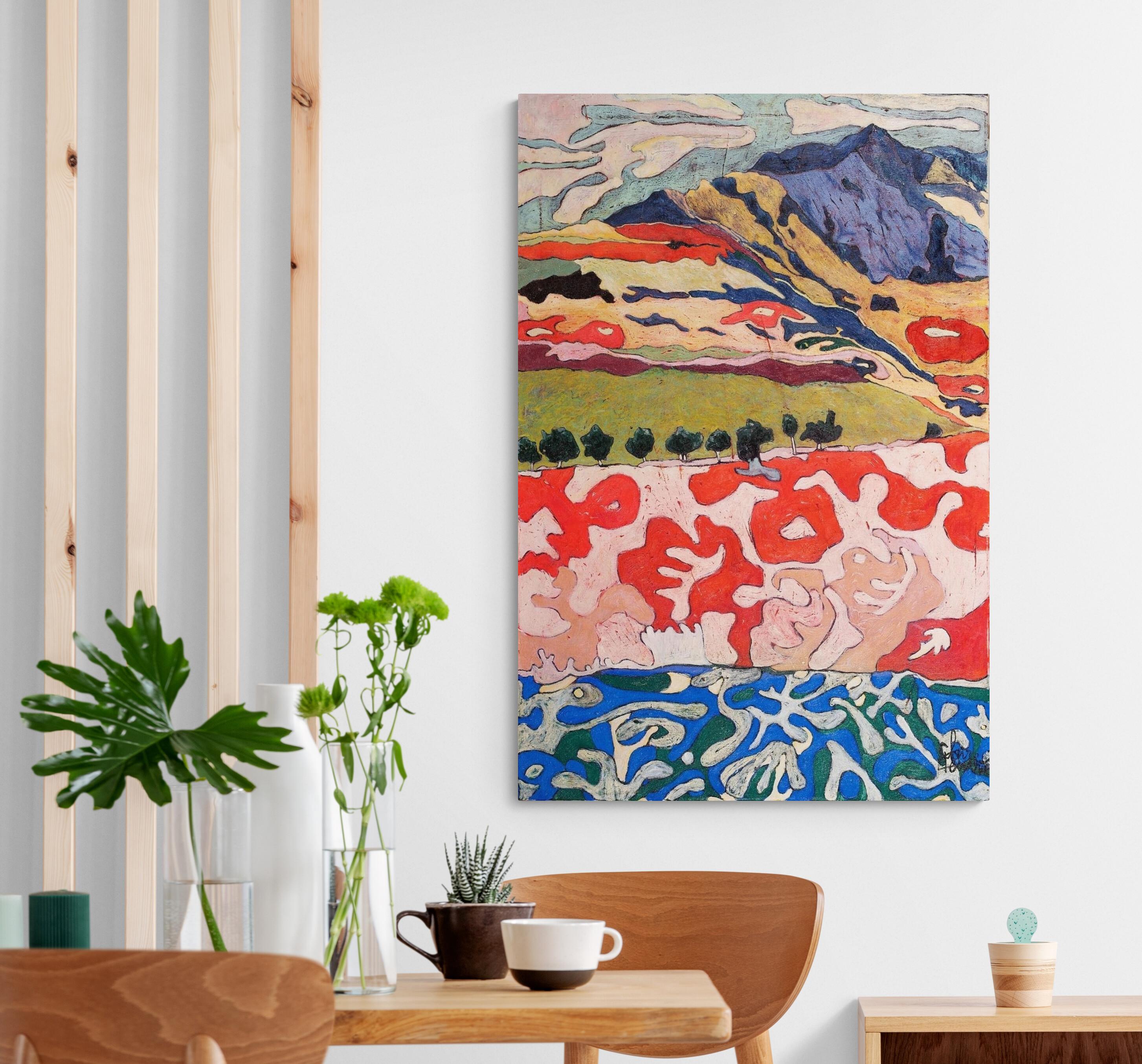 Großes farbenfrohes exotisches Landschaftsgemälde „Pamushana“ (Zeitgenössisch), Painting, von Claire Denarie-Soffietti