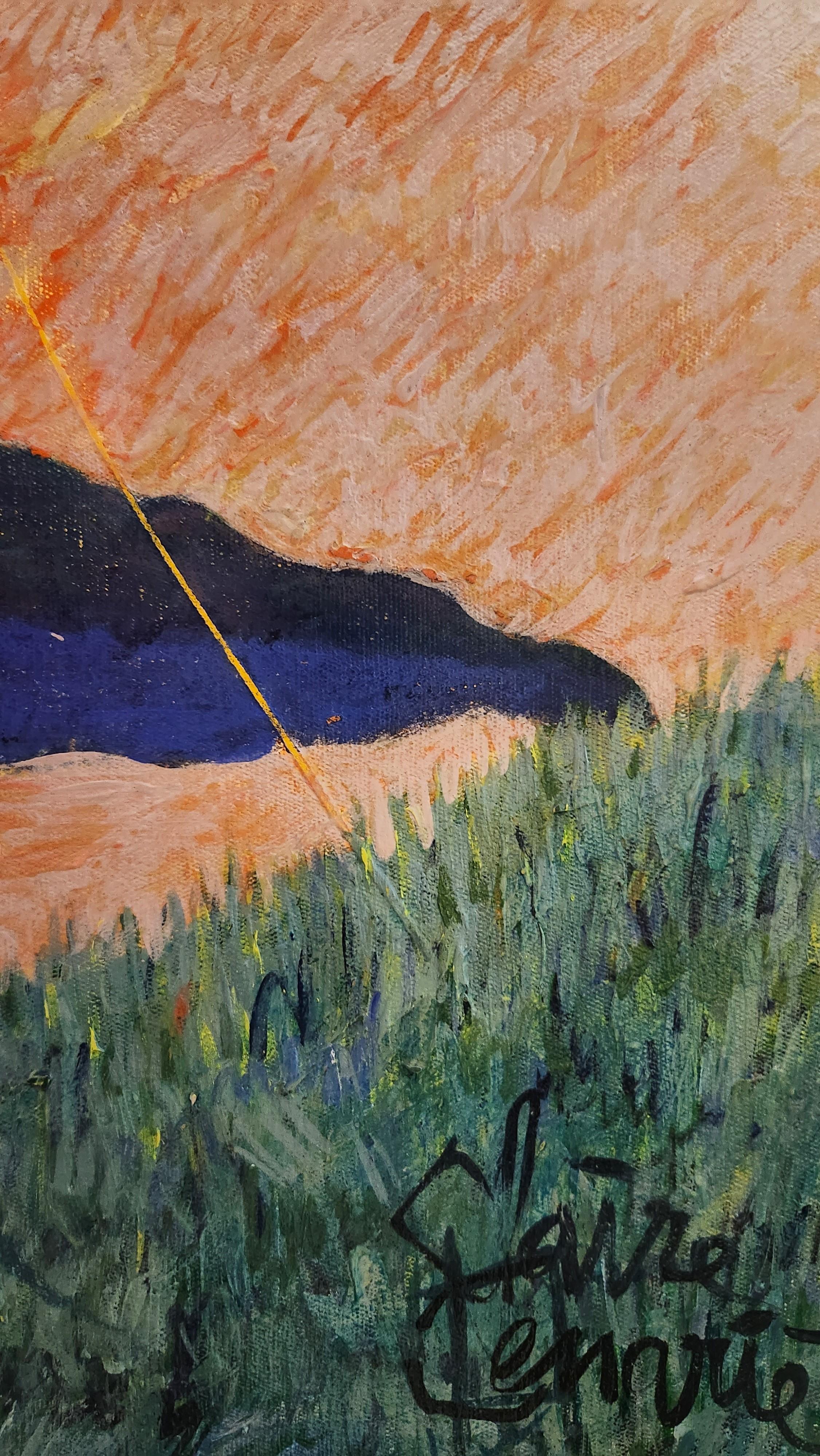 Un dipinto di paesaggio esotico unico, su scala medio-grande, con colori e dettagli vividi. Lo stile pittorico mostra influenze dei post-impressionisti e dei fauvisti, ma è innegabilmente contemporaneo, con un carattere vivace e sgargiante. Le opere