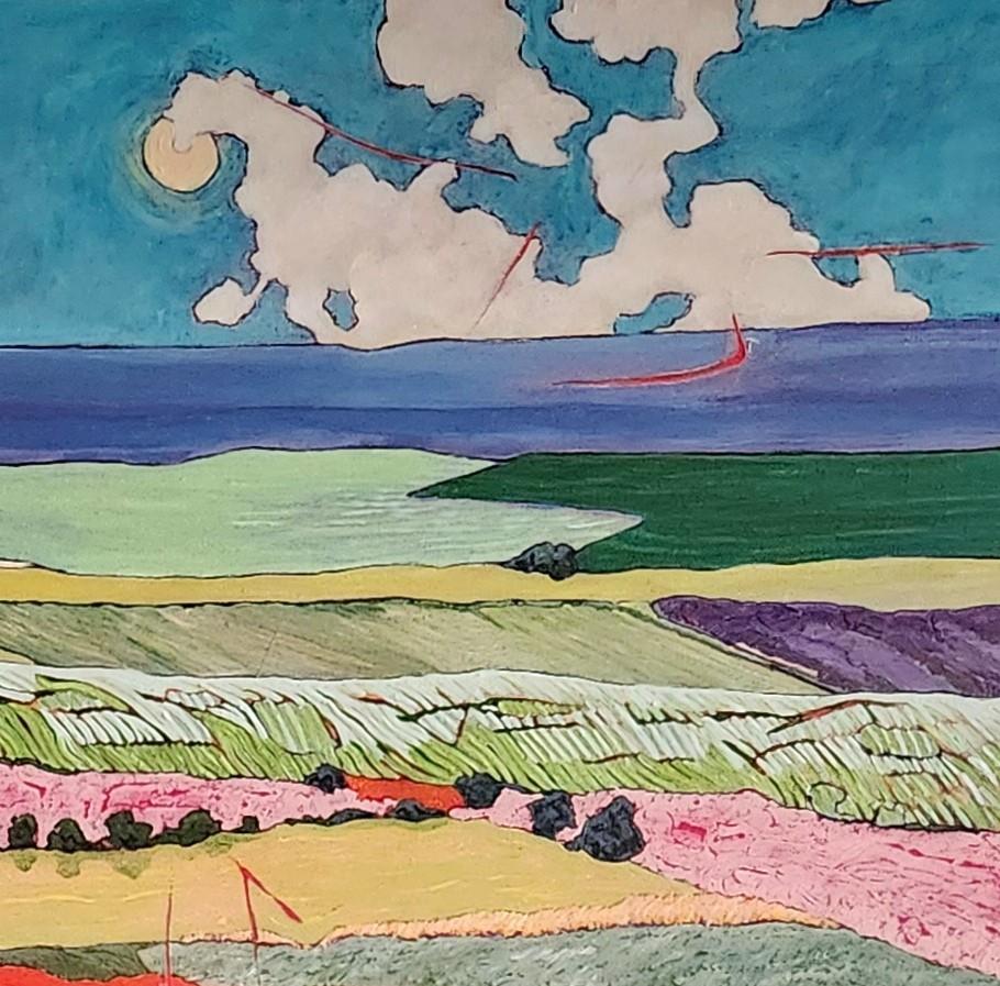 Grande peinture de paysage exotique colorée Tosca - Painting de Claire Denarie-Soffietti