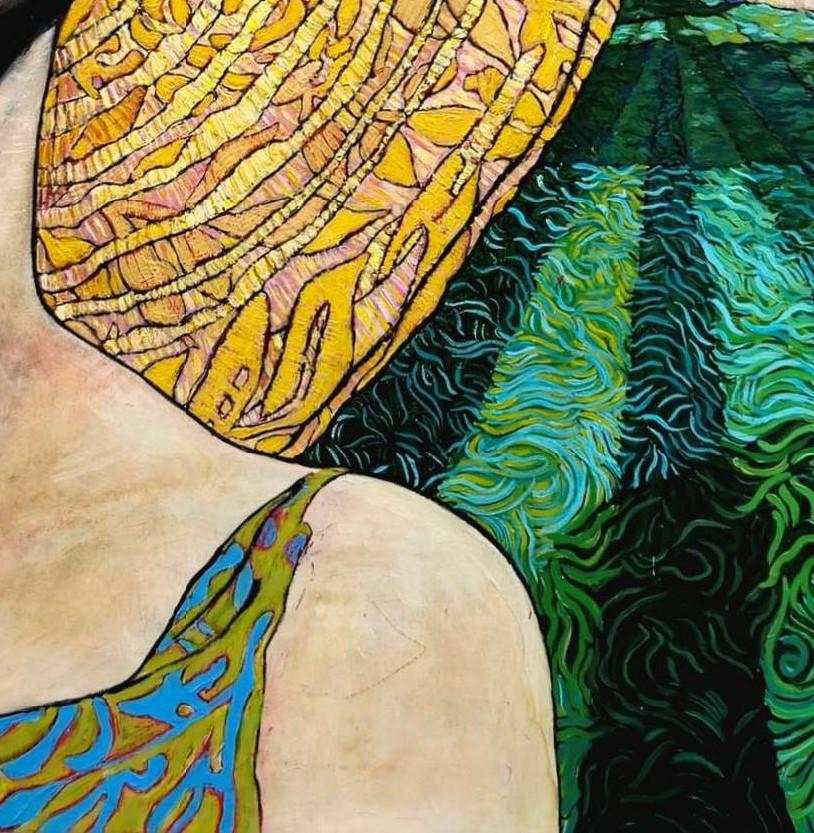 Un dipinto di paesaggio e ritratto esotico unico, in scala medio-grande, con colori e dettagli vivaci. Lo stile pittorico mostra influenze dei post-impressionisti e dei fauvisti, ma è innegabilmente contemporaneo, con un carattere vivace e