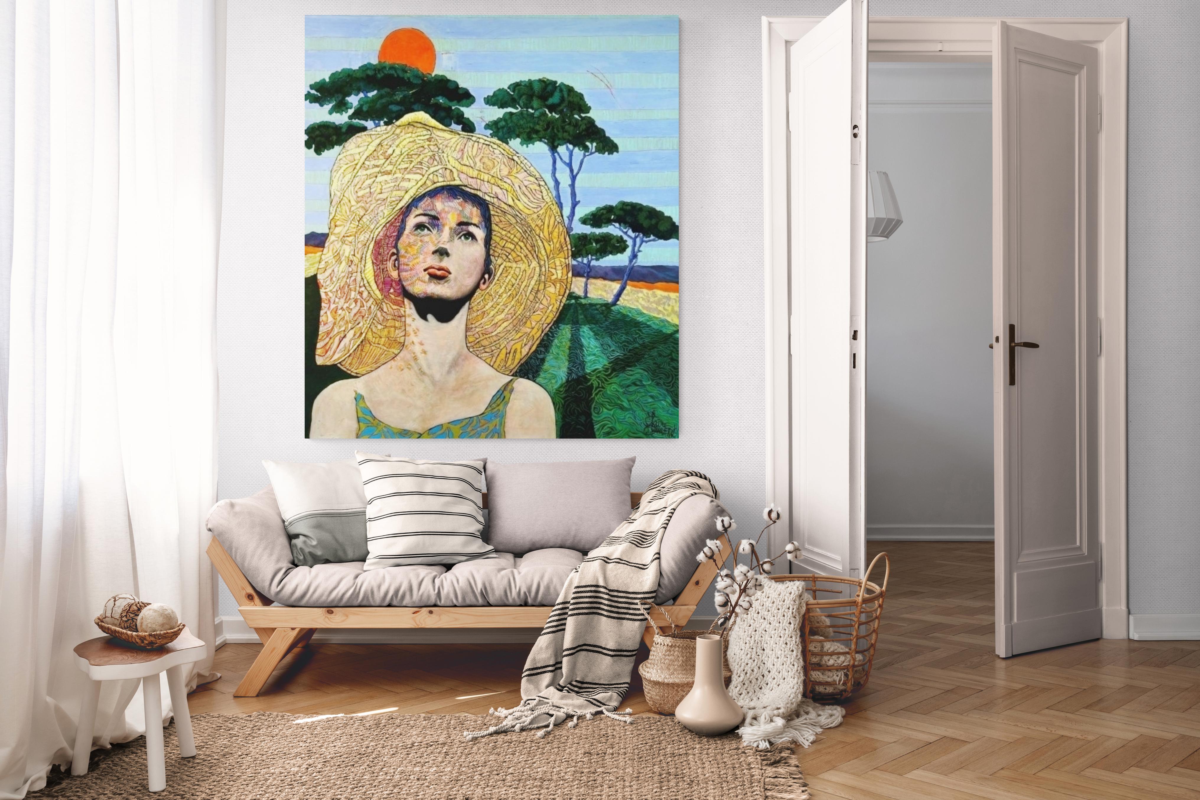 Grande dipinto di ritratto e paesaggio esotico colorato 