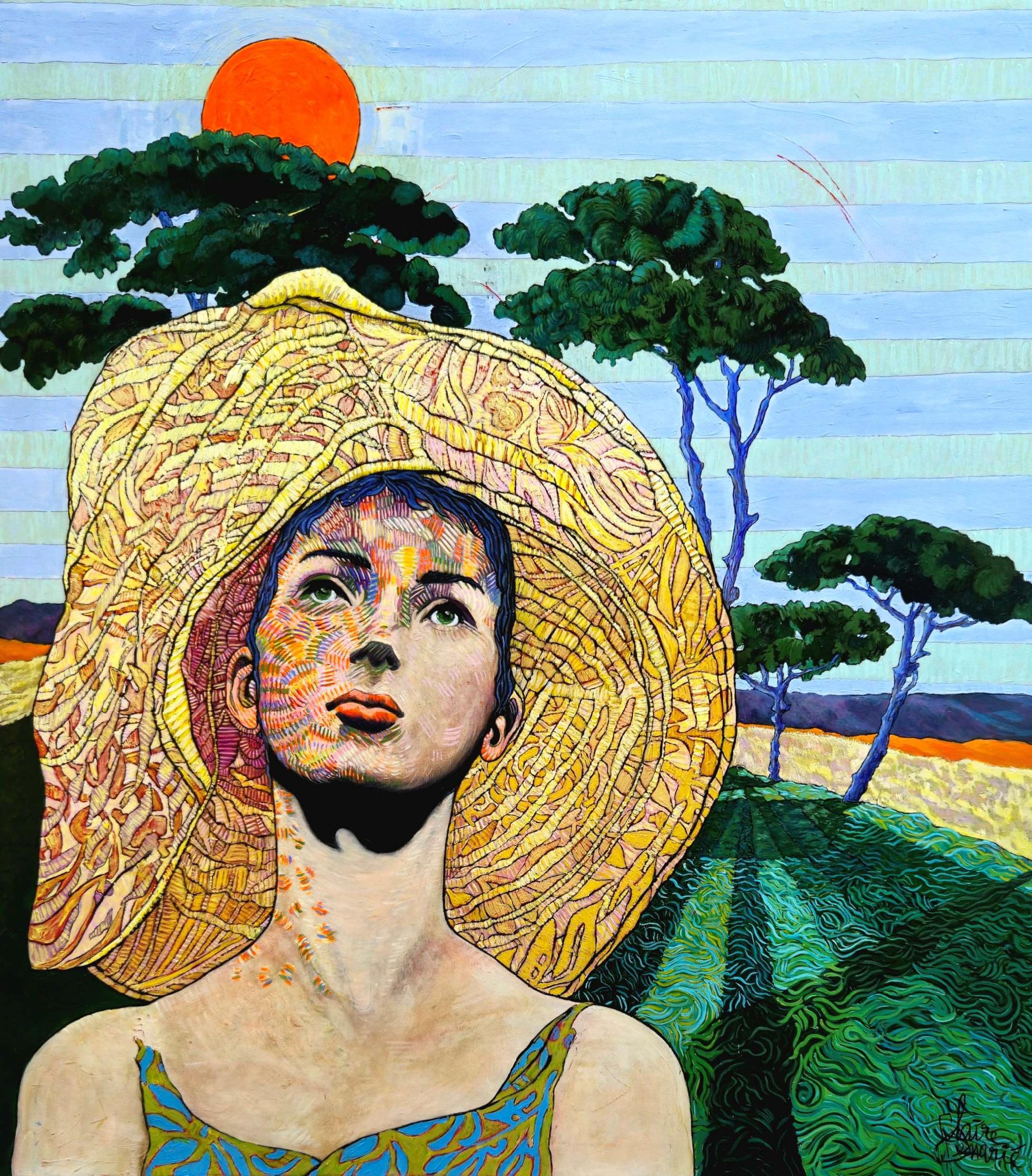 Portrait Painting di Claire Denarie-Soffietti - Grande dipinto di ritratto e paesaggio esotico colorato "Chapeau!".