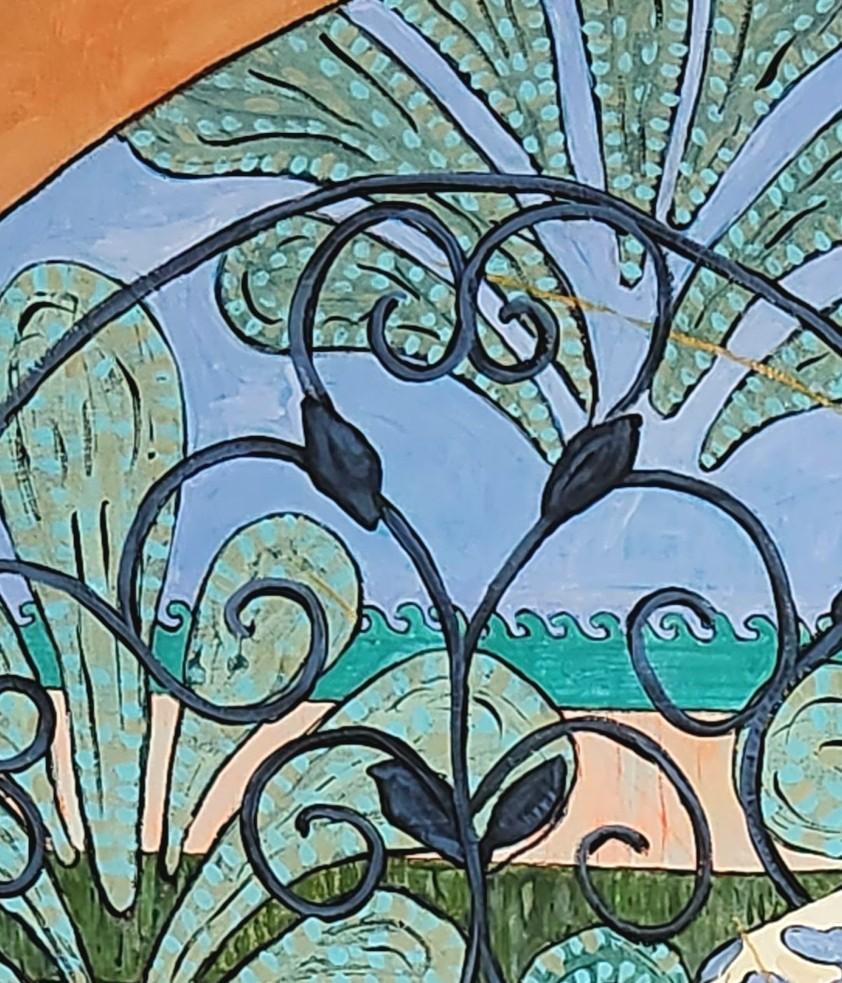 A unique, medium to large scale figurative painting with a vivid, exotic background. The painting style shows influences from the post-impressionists, yet is undeniably contemporary, with an up-beat flamboyant character. Soffietti’ figures have