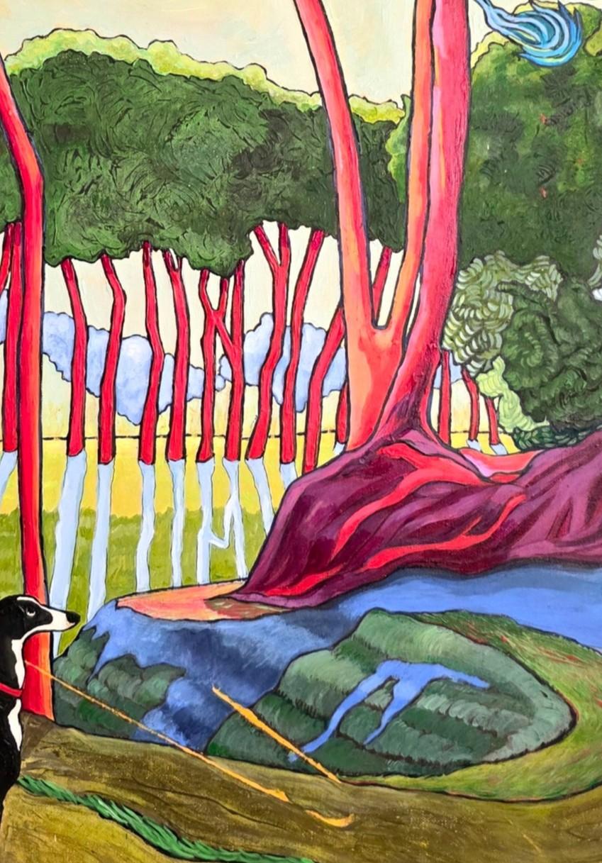 A unique, medium to large scale figurative painting with a vivid, exotic background. The painting style shows influences from the post-impressionists, yet is undeniably contemporary, with an up-beat flamboyant character. Soffietti’ figures have