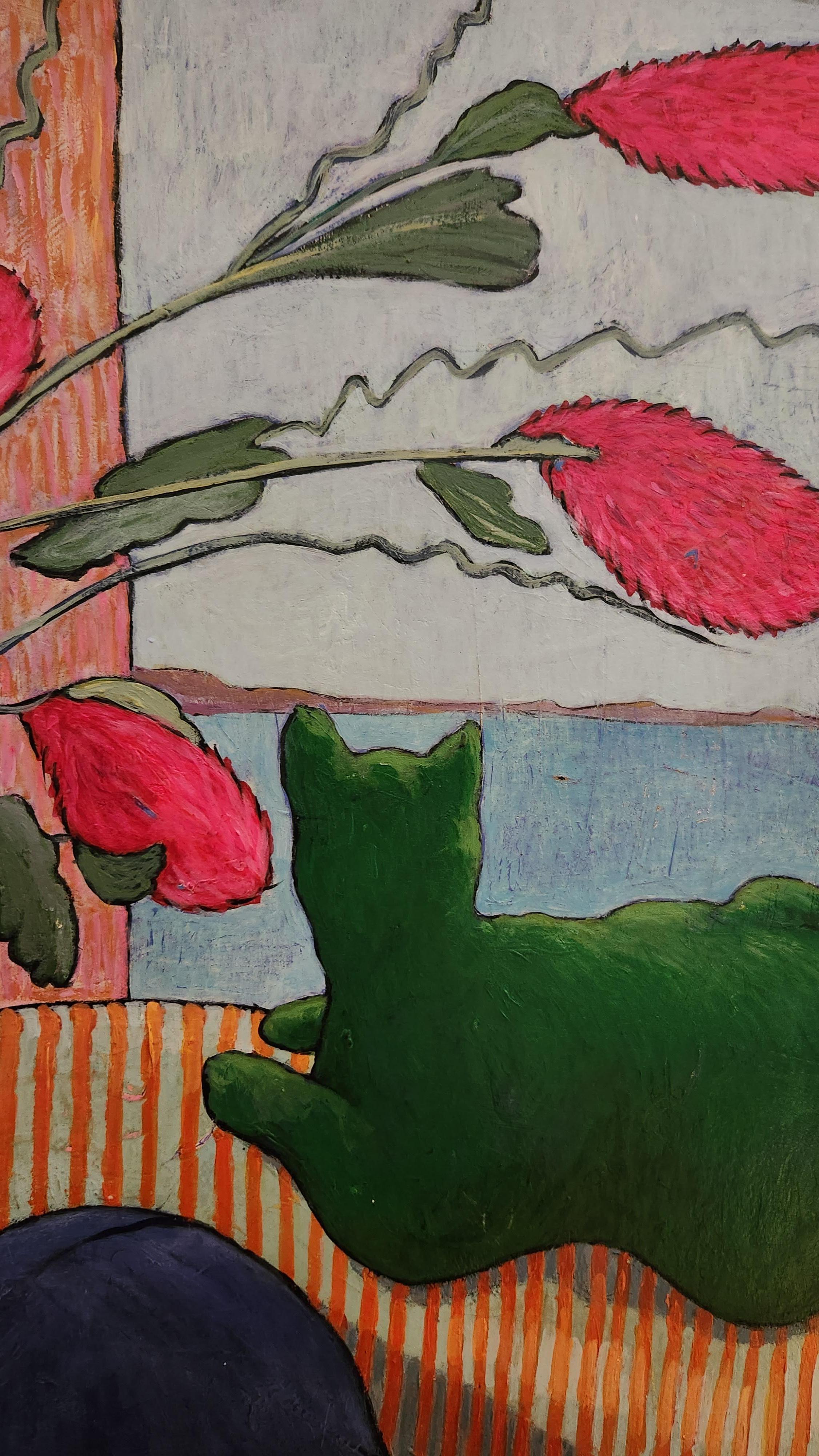 Großes farbenfrohes impressionistisches figuratives Gemälde „Le Chat Vert“ (Zeitgenössisch), Painting, von Claire Denarie-Soffietti