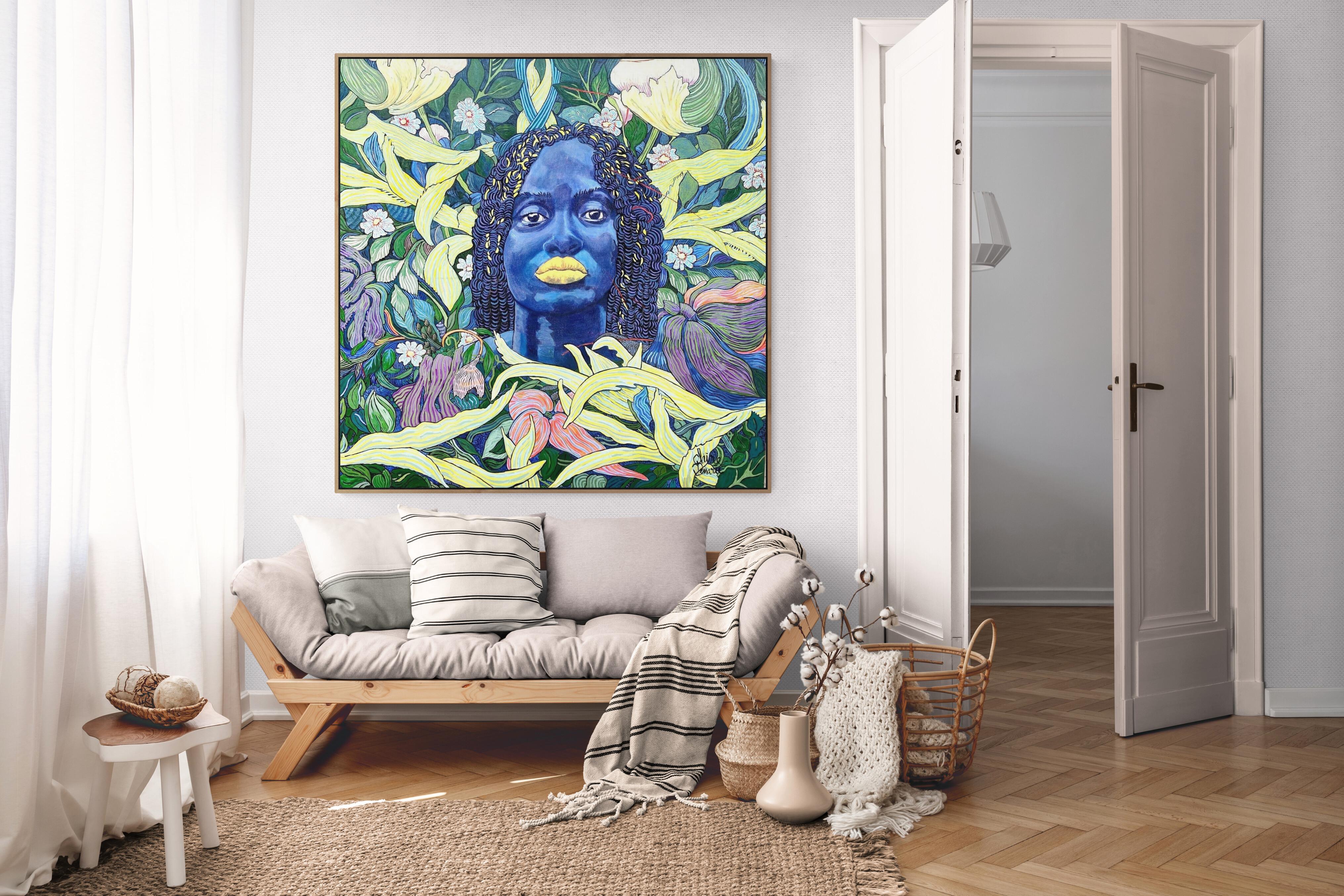 Großes farbenfrohes exotisches, geblümtes Porträtgemälde „Londoloza“ – Painting von Claire Denarie-Soffietti