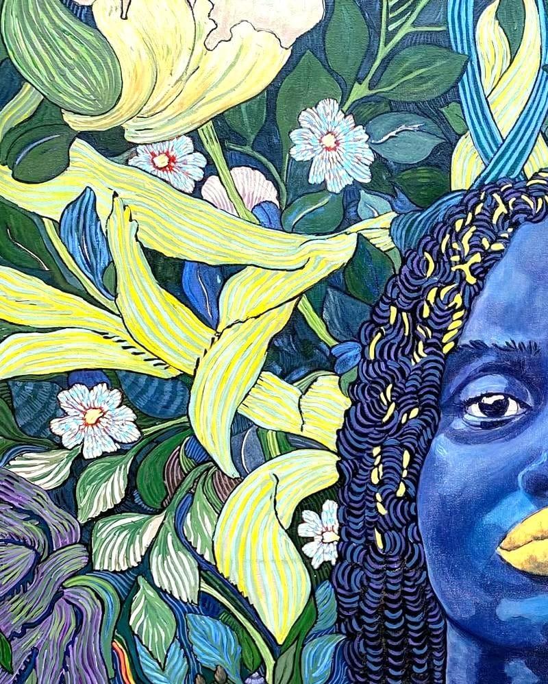 Großes farbenfrohes exotisches, geblümtes Porträtgemälde „Londoloza“ (Zeitgenössisch), Painting, von Claire Denarie-Soffietti