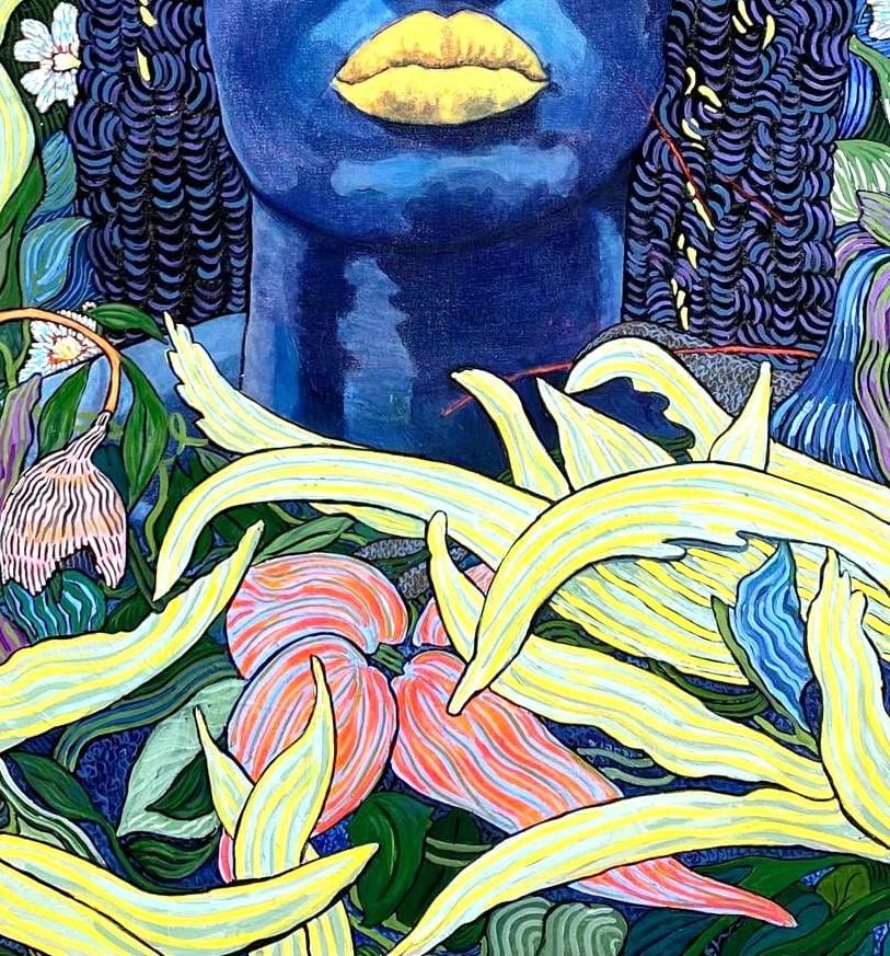 Großes farbenfrohes exotisches, geblümtes Porträtgemälde „Londoloza“ (Blau), Landscape Painting, von Claire Denarie-Soffietti