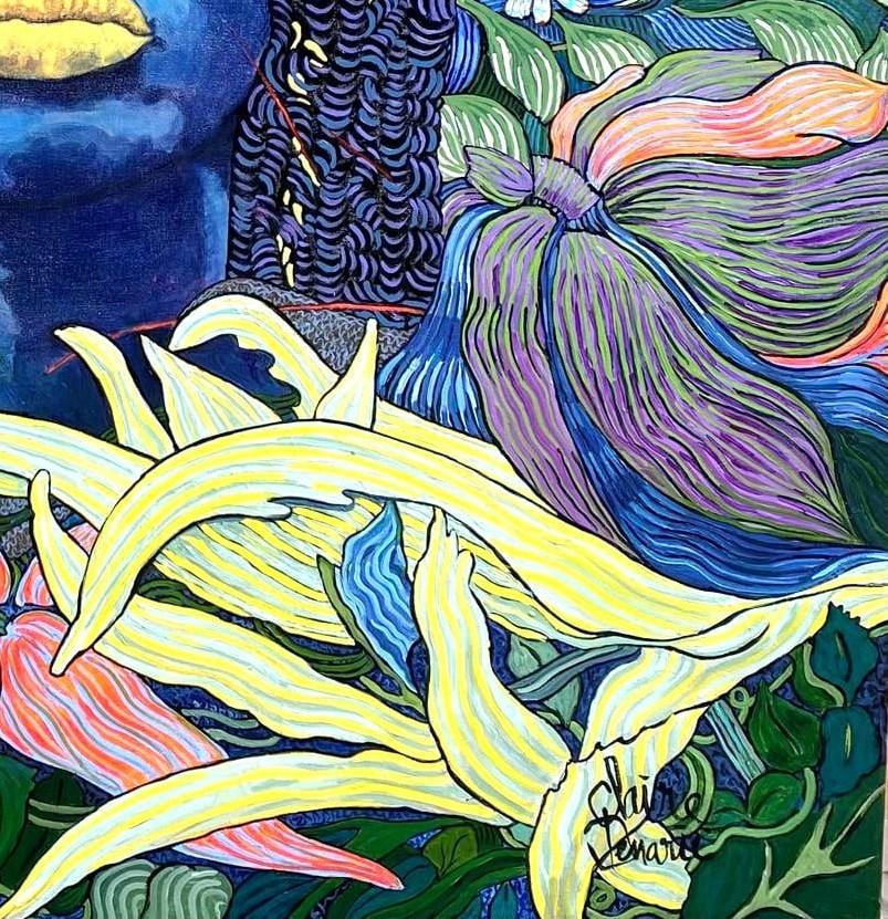 Ein einzigartiges, mittelgroßes bis großes exotisches Gemälde mit lebhaften Farben und Details. Der Malstil zeigt Einflüsse der Postimpressionisten und Fauvisten, ist aber unbestreitbar zeitgenössisch und hat einen fröhlichen, extravaganten