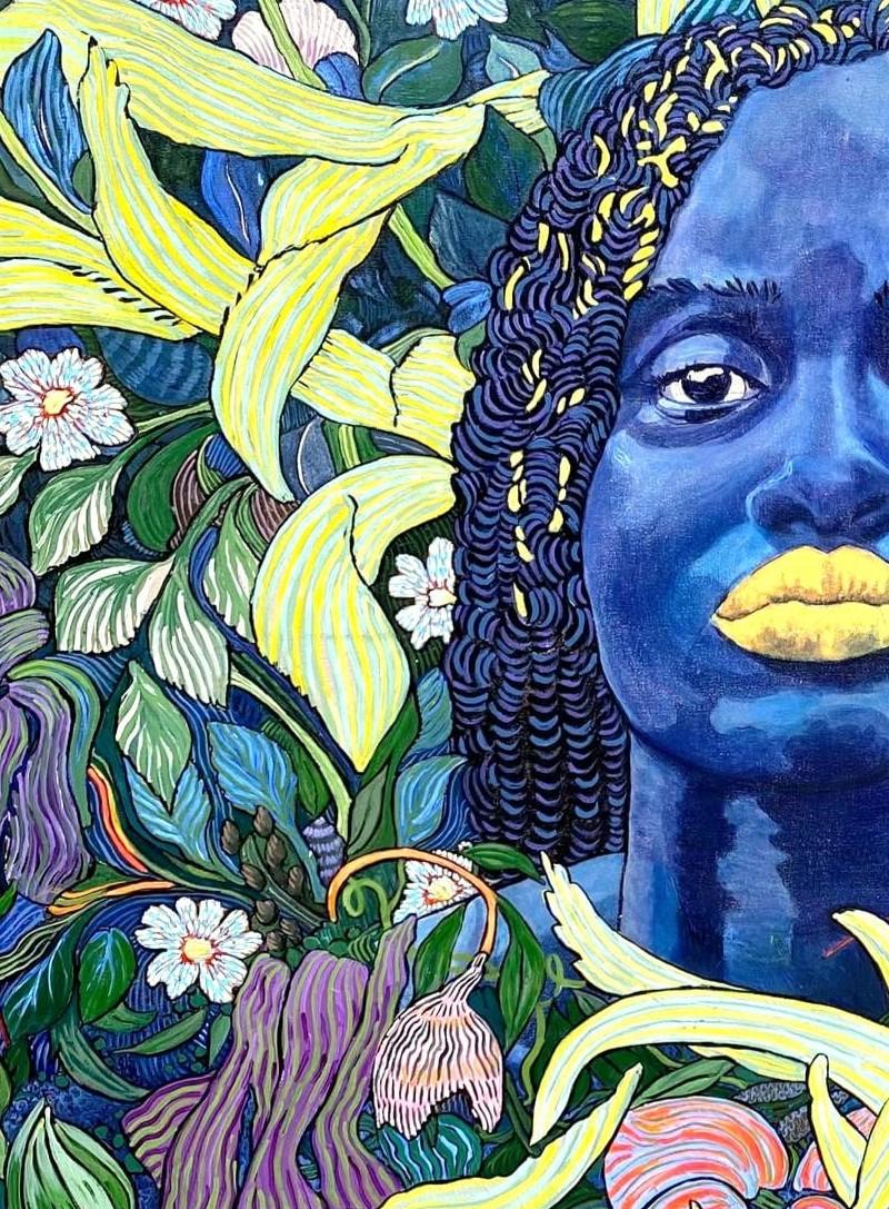 Großes farbenfrohes exotisches, geblümtes Porträtgemälde „Londoloza“ im Angebot 1