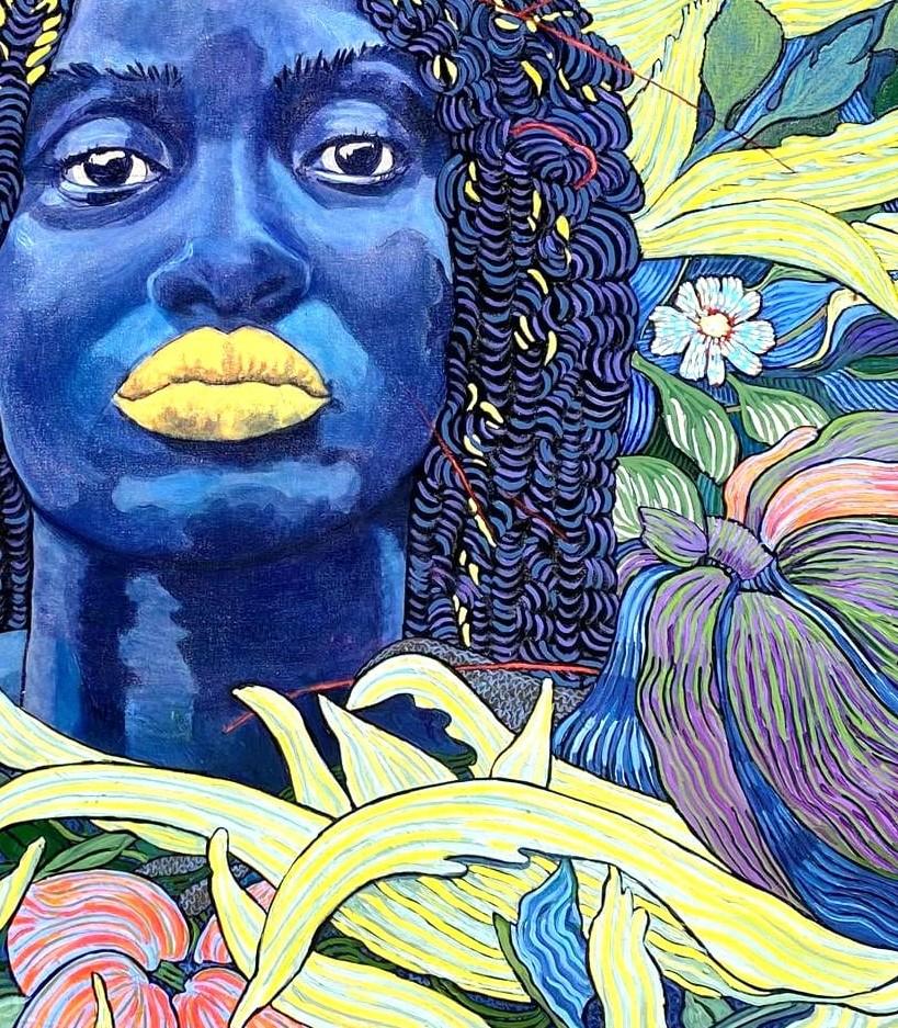 Großes farbenfrohes exotisches, geblümtes Porträtgemälde „Londoloza“ im Angebot 2