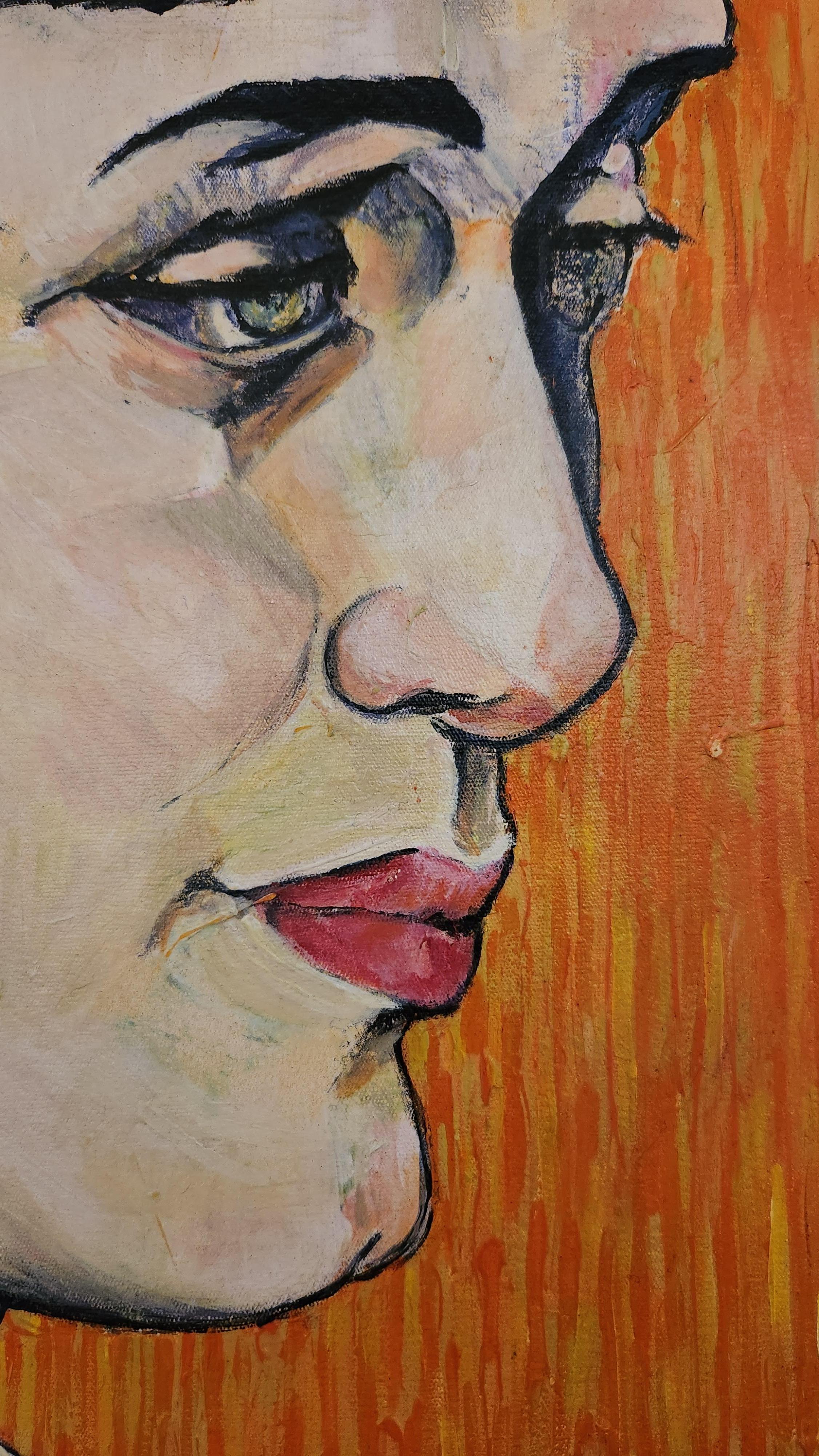 Uno studio di ritratto unico, su scala medio-grande, con un vivace sfondo giallo e arancione. Lo stile pittorico mostra influenze post-impressioniste, ma è innegabilmente contemporaneo, con un carattere vivace e sgargiante. Le figure di Soffietti
