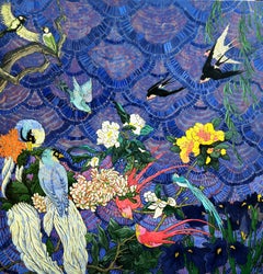 Large Purple Exotic Impressionistic Bird Painting "Let Them Sing On My Wall"