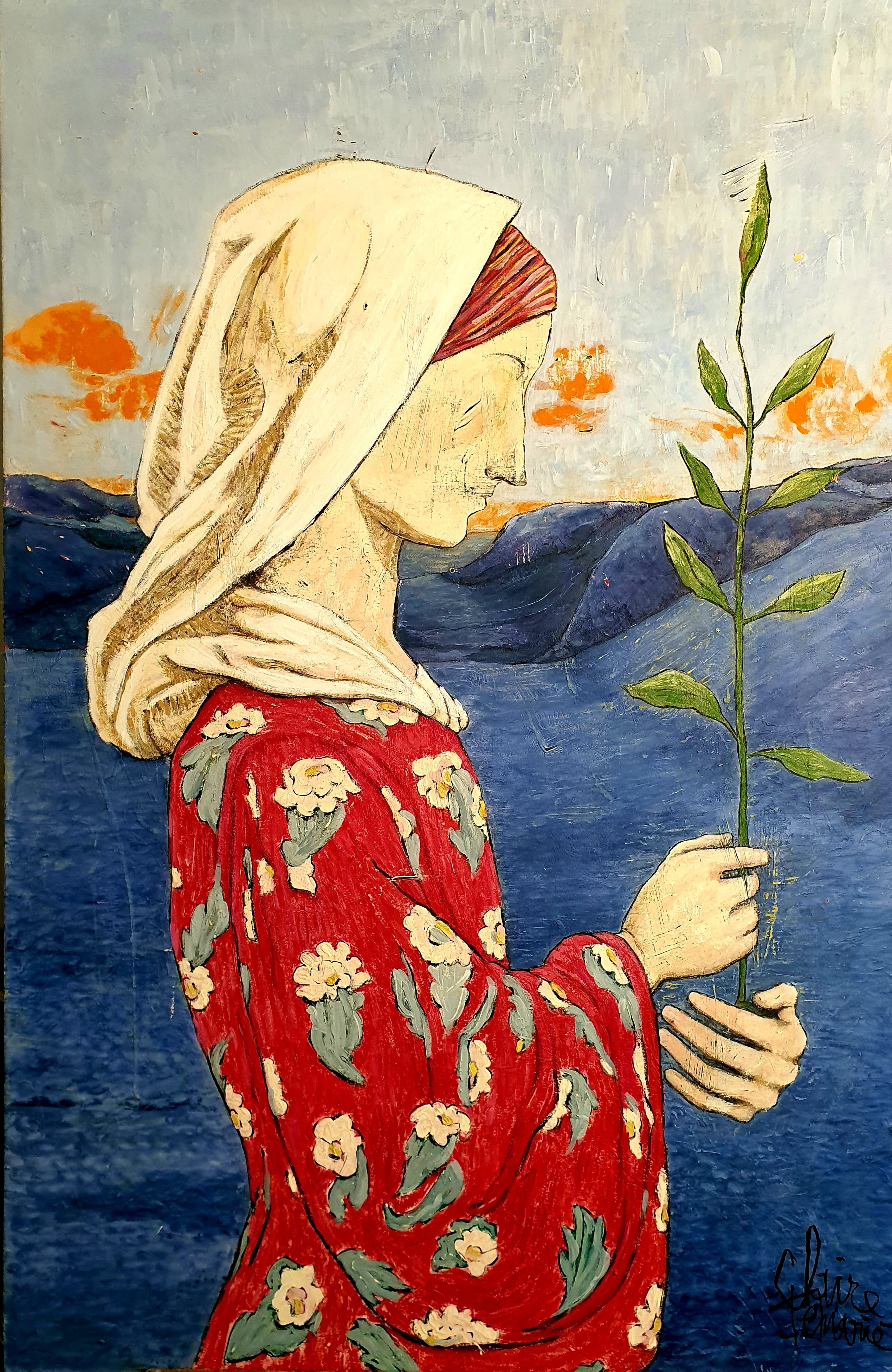 Claire Denarie-Soffietti Figurative Painting - French Contemporary Art by Claire Denarie-Sofietti - Olive Branch