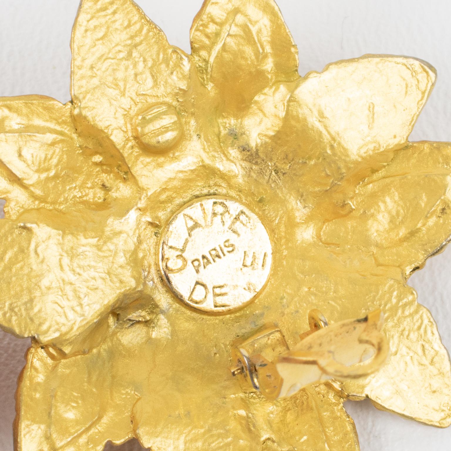 Claire Deve Paris - Boucles d'oreilles Clip floral en métal doré et cabochons en émail Unisexe en vente