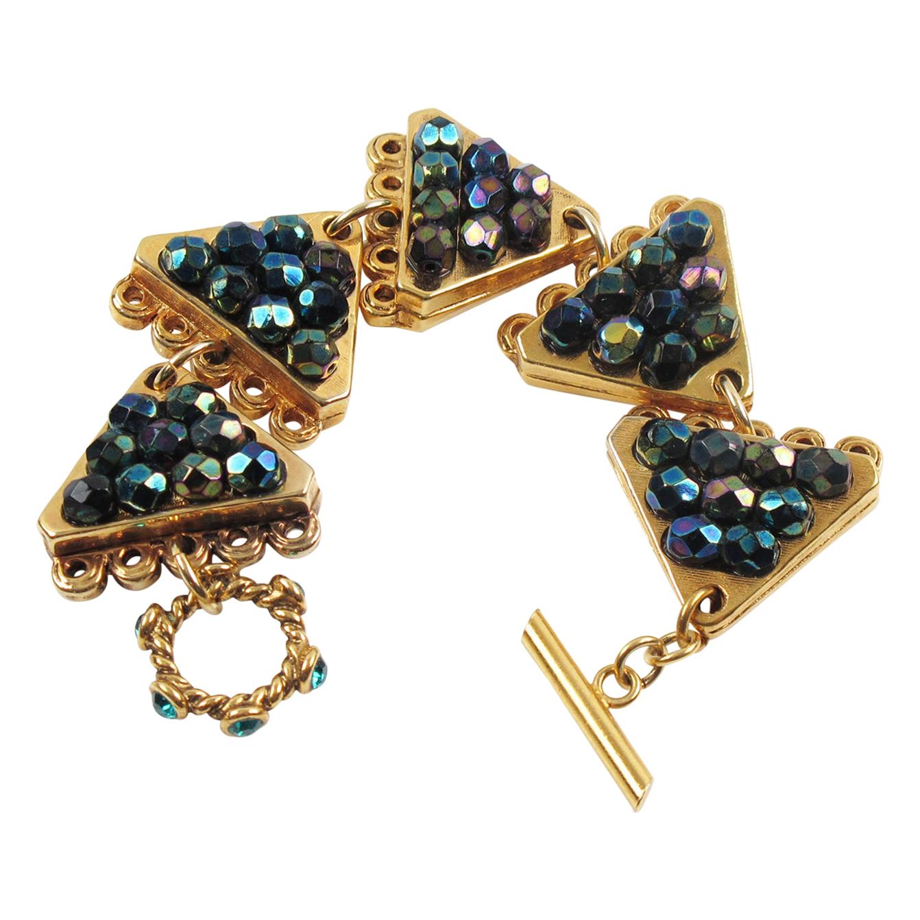 Claire Deve Paris Iridescent Green and Purple Jeweled Link Bracelet For Sale
