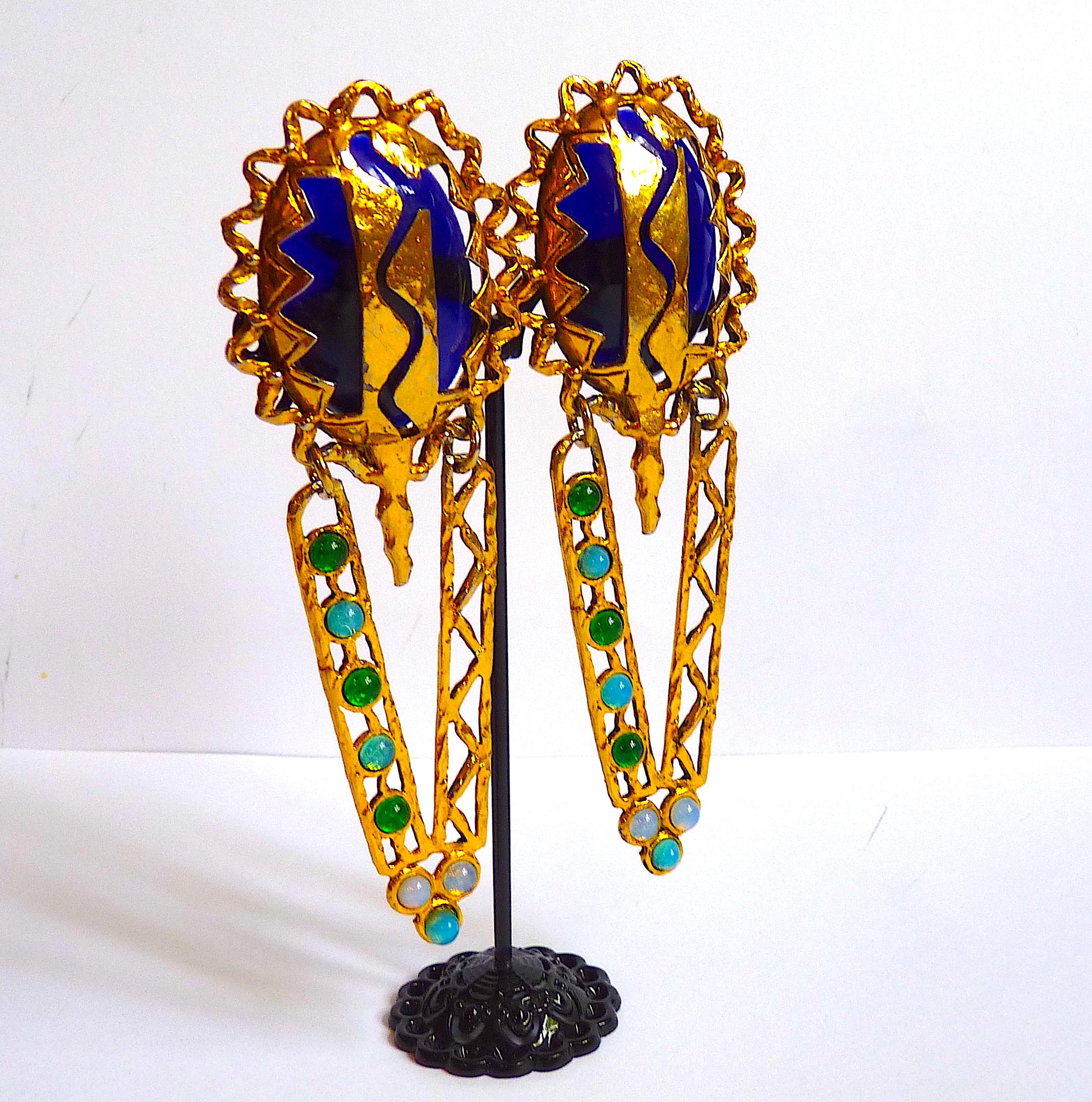 CLAIRE DEVE PARIS Long Dangle Clip On Earrings Vintage from the 1980's  For Sale 3