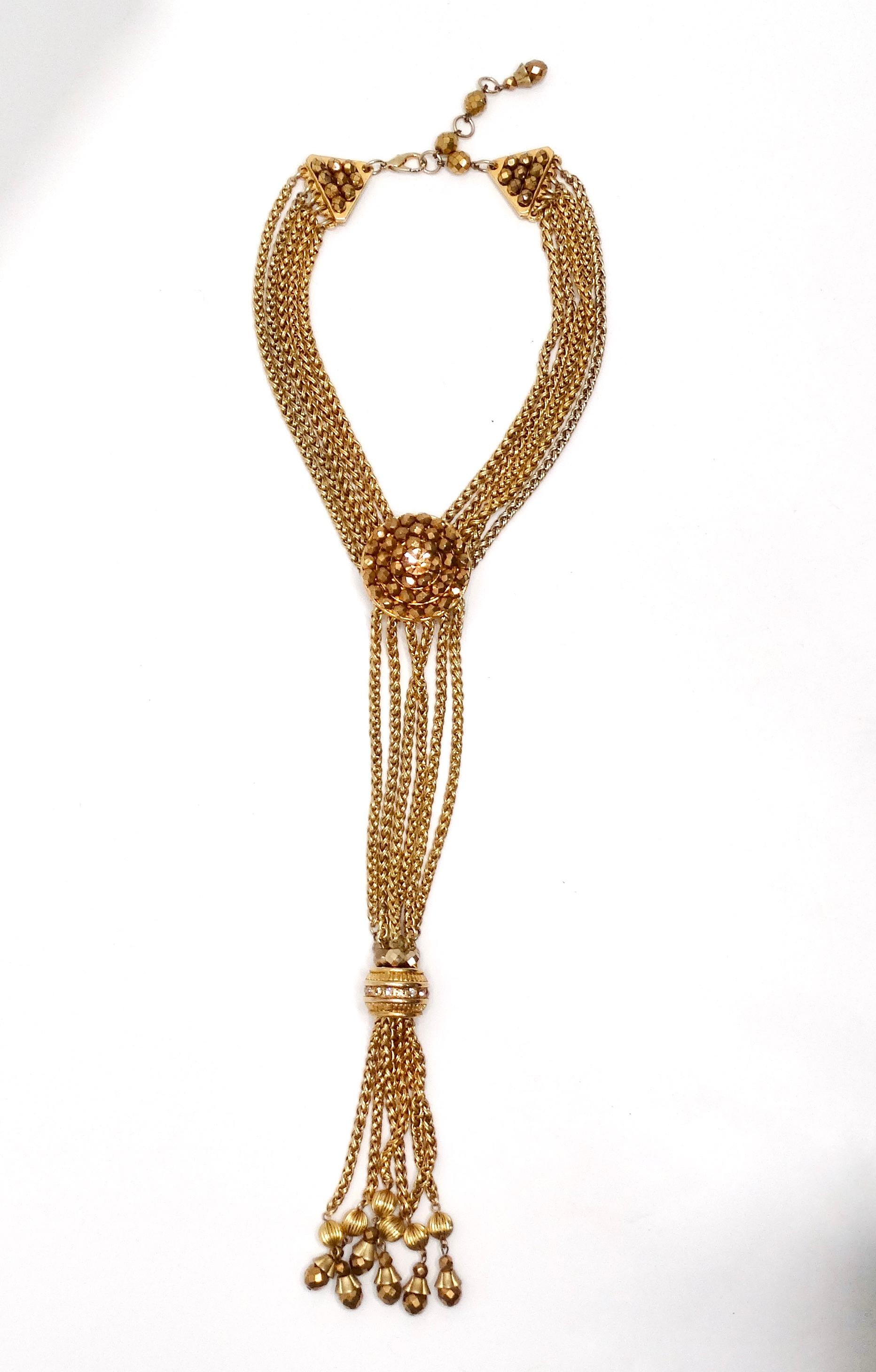 Claire Deve Vintage Collier Lariat à pompon en perles en tons dorés Bon état - En vente à Scottsdale, AZ