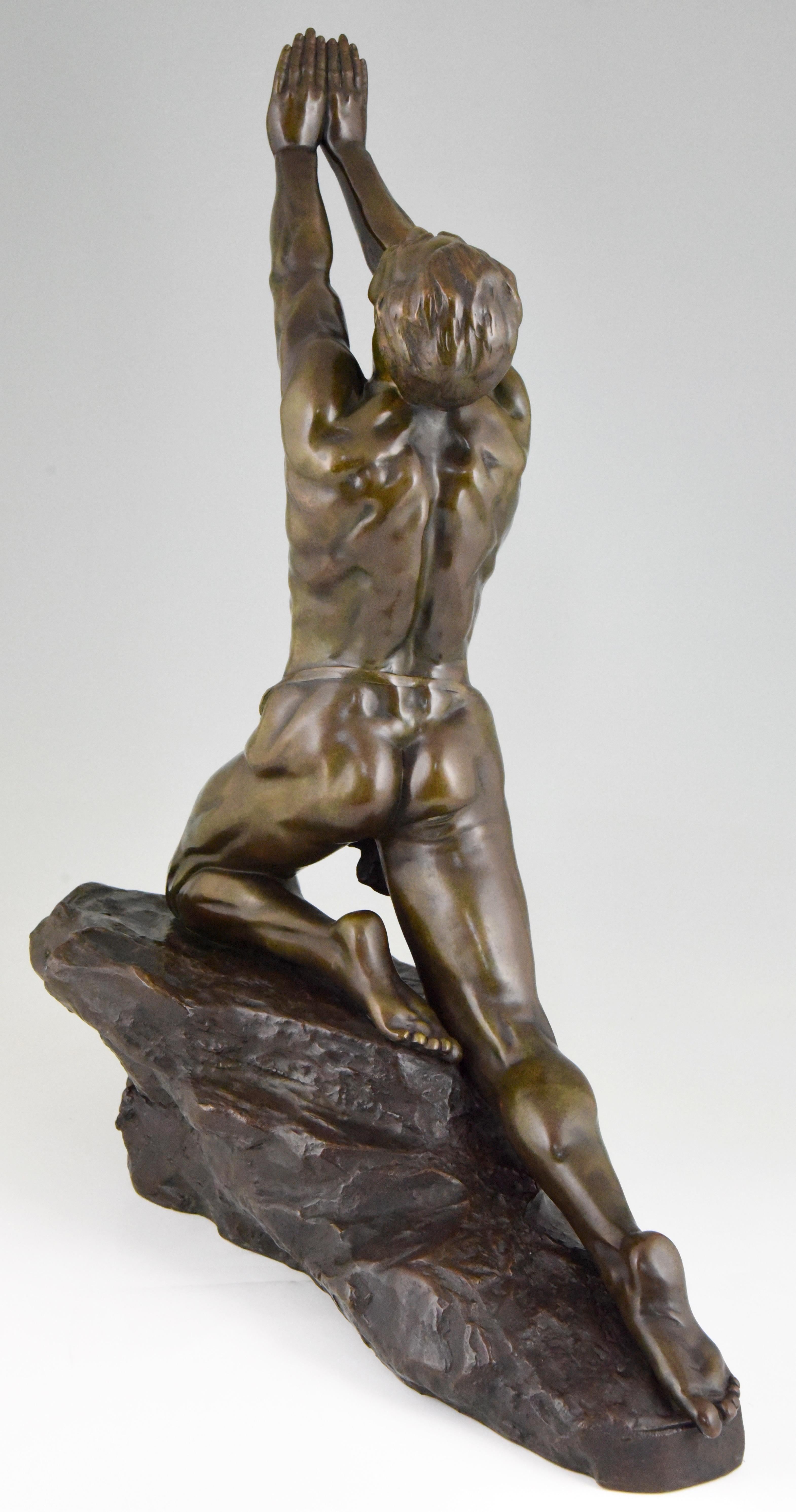 Patinated Claire Jeanne Roberte Colinet Art Deco Bronze Sculpture Male Nude Imploration