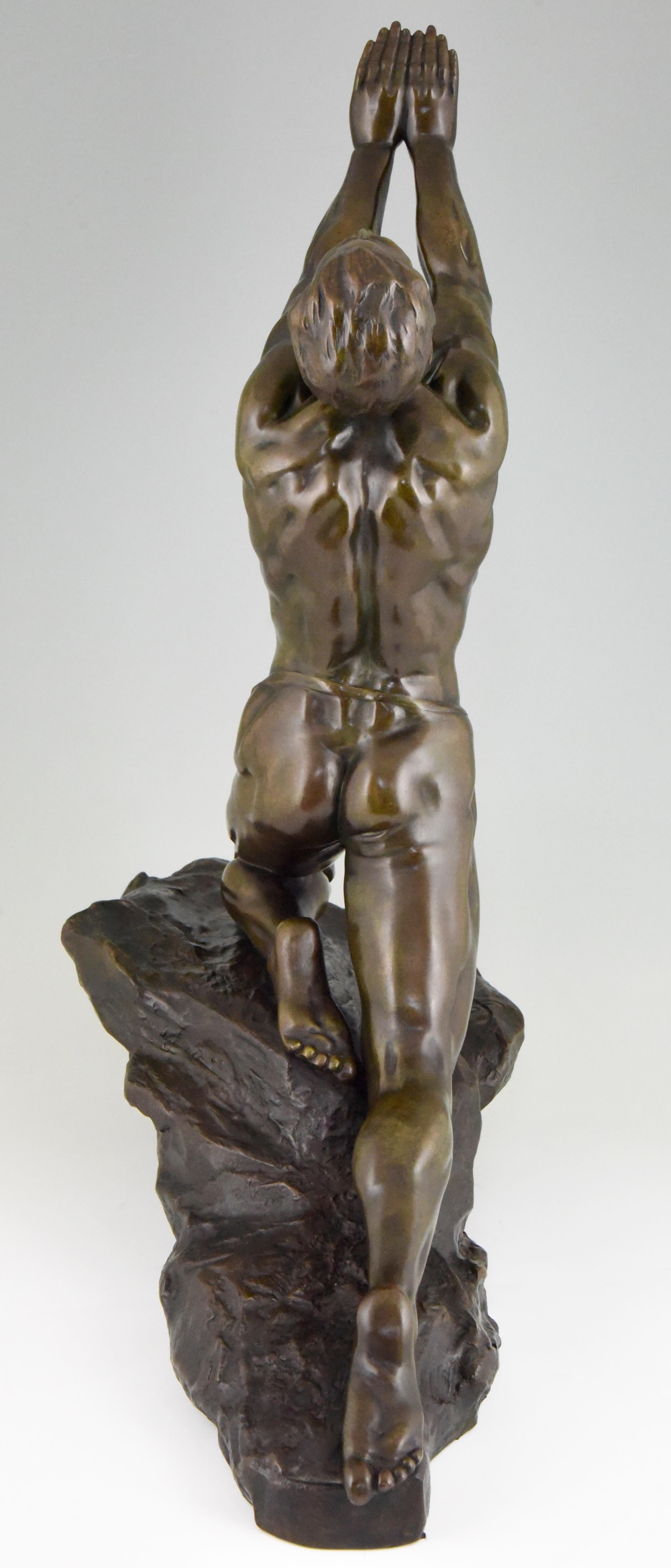 Claire Jeanne Roberte Colinet Art Deco Bronze Sculpture Male Nude Imploration In Good Condition In Antwerp, BE