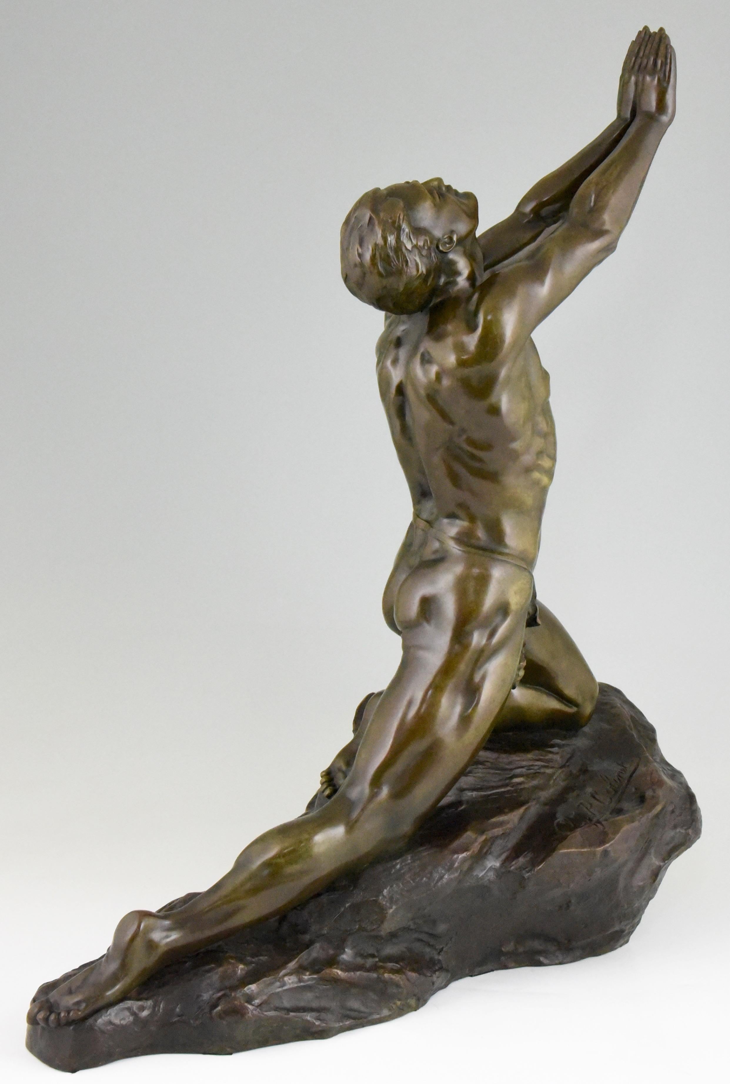 20th Century Claire Jeanne Roberte Colinet Art Deco Bronze Sculpture Male Nude Imploration
