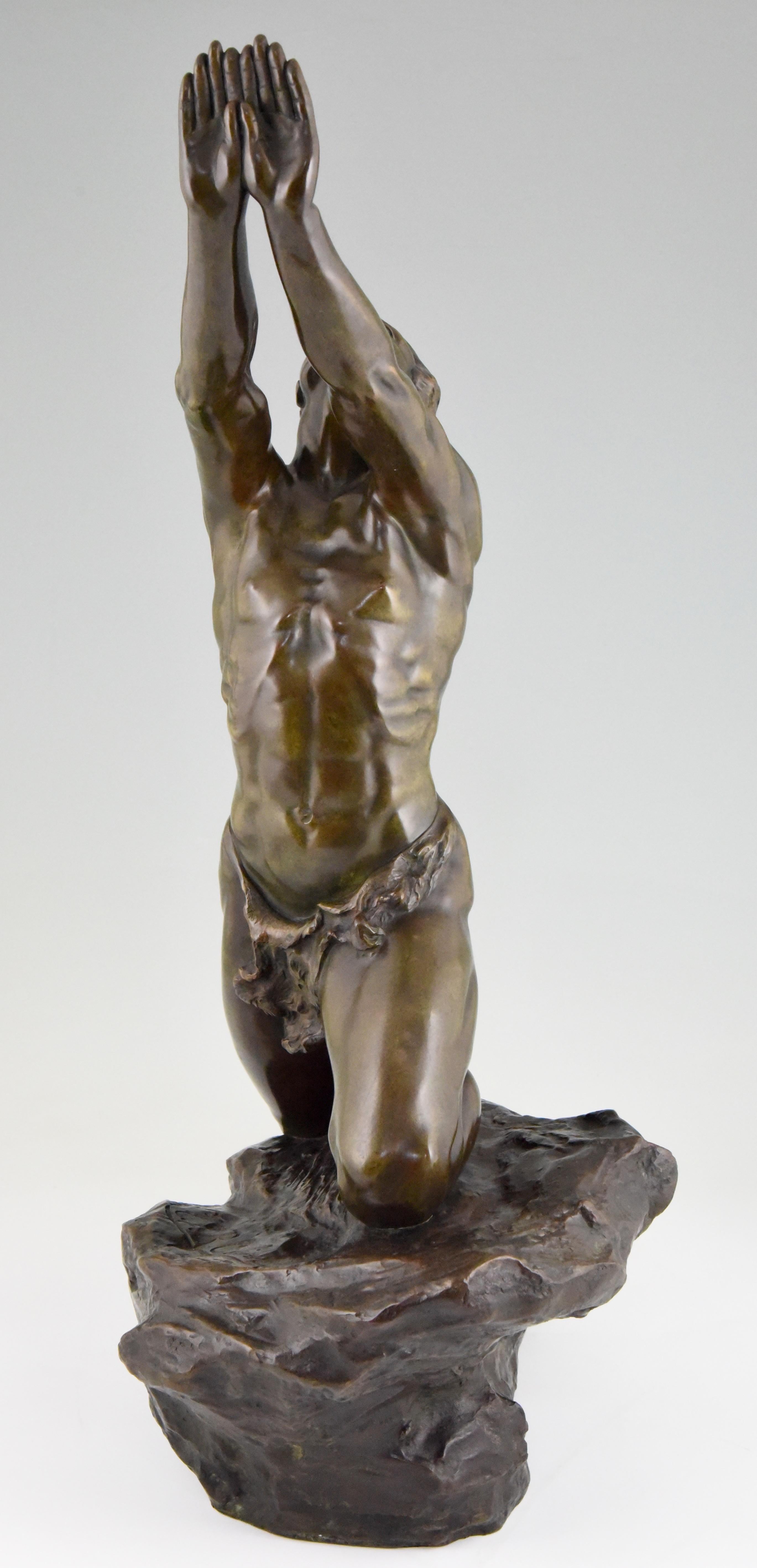 Claire Jeanne Roberte Colinet Art Deco Bronze Sculpture Male Nude Imploration 3