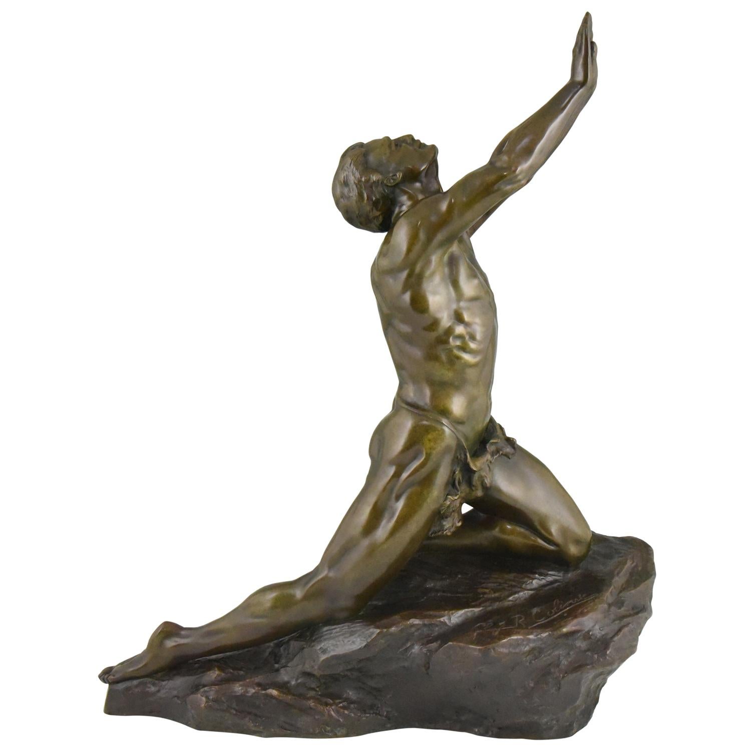 Claire Jeanne Roberte Colinet Art Deco Bronze Sculpture Male Nude Imploration