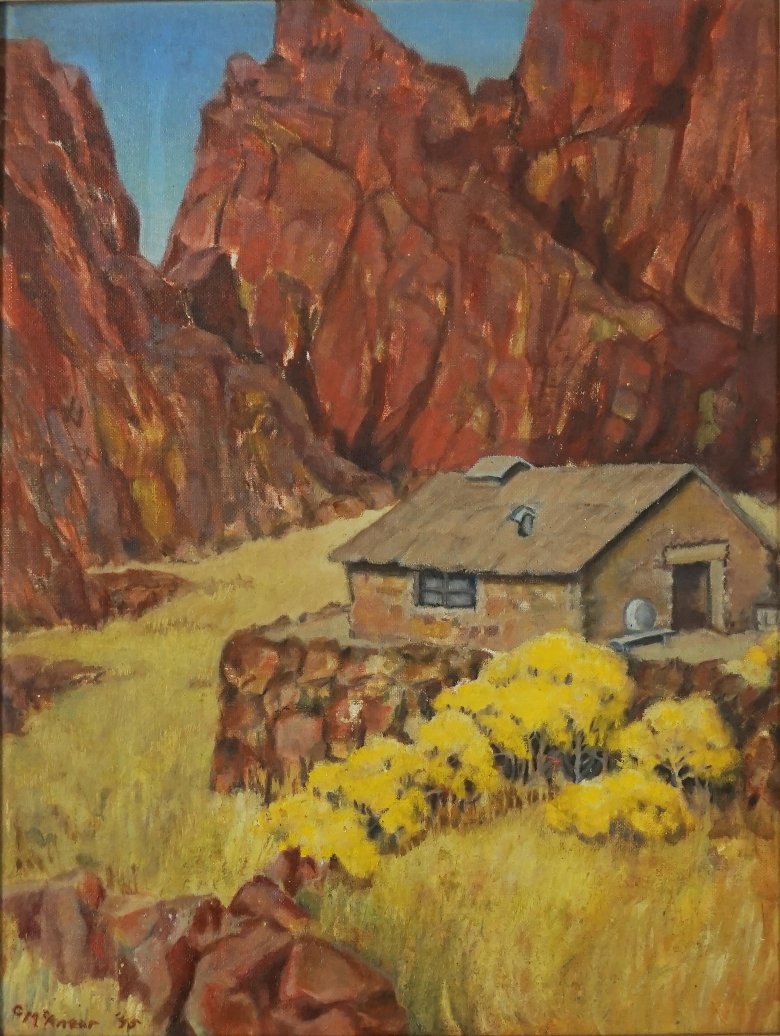 Mid Century Desert Landscape -- Adobe House at Black Canyon, Arizona - Painting by Claire McAnear