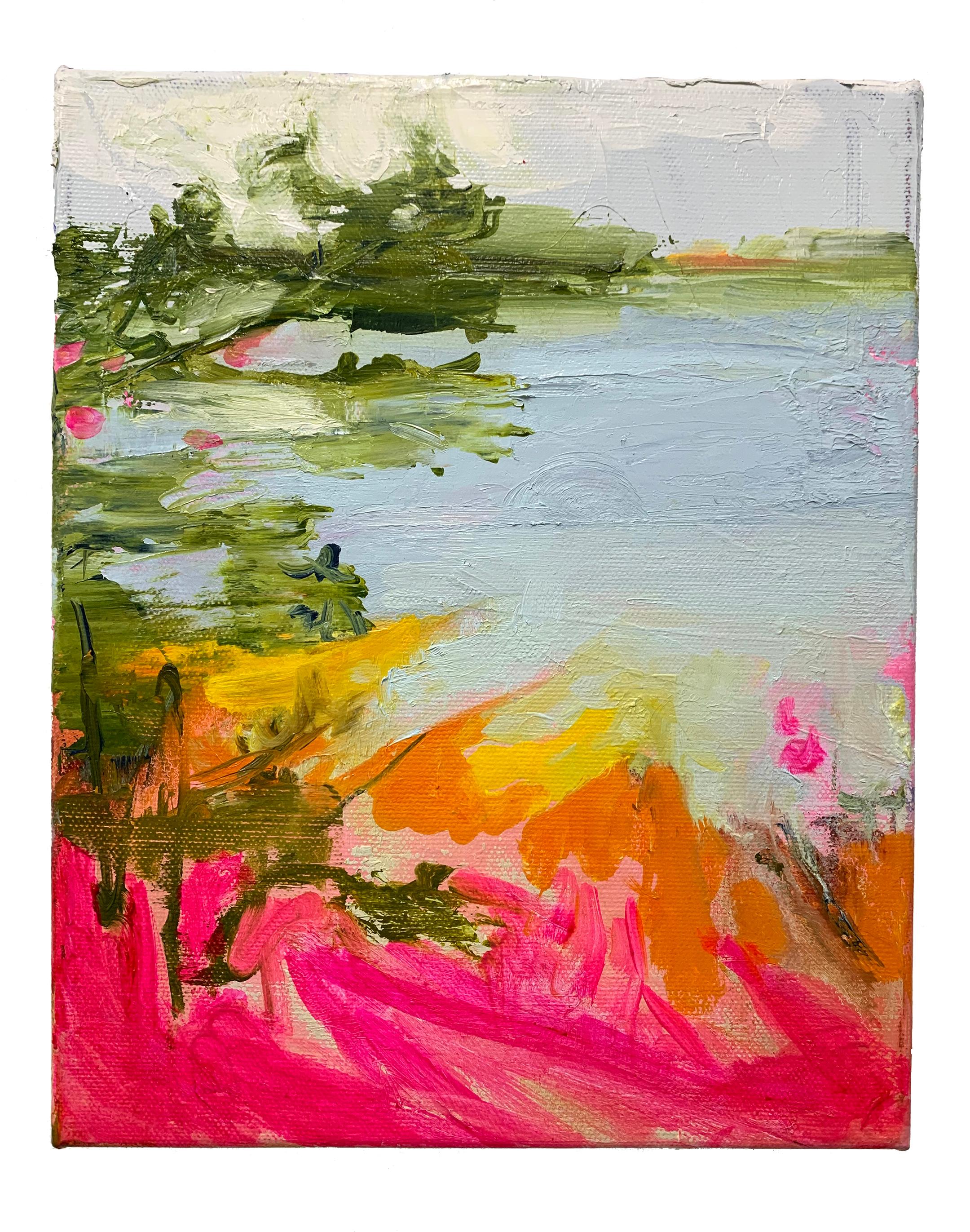 Claire McConaughy Landscape Painting - Pink Shore, impressionist landscape and waterscape painting