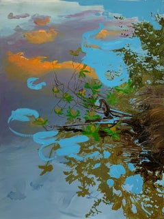 Sunset, Blue Swirls on the Lake, impressionist landscape painting