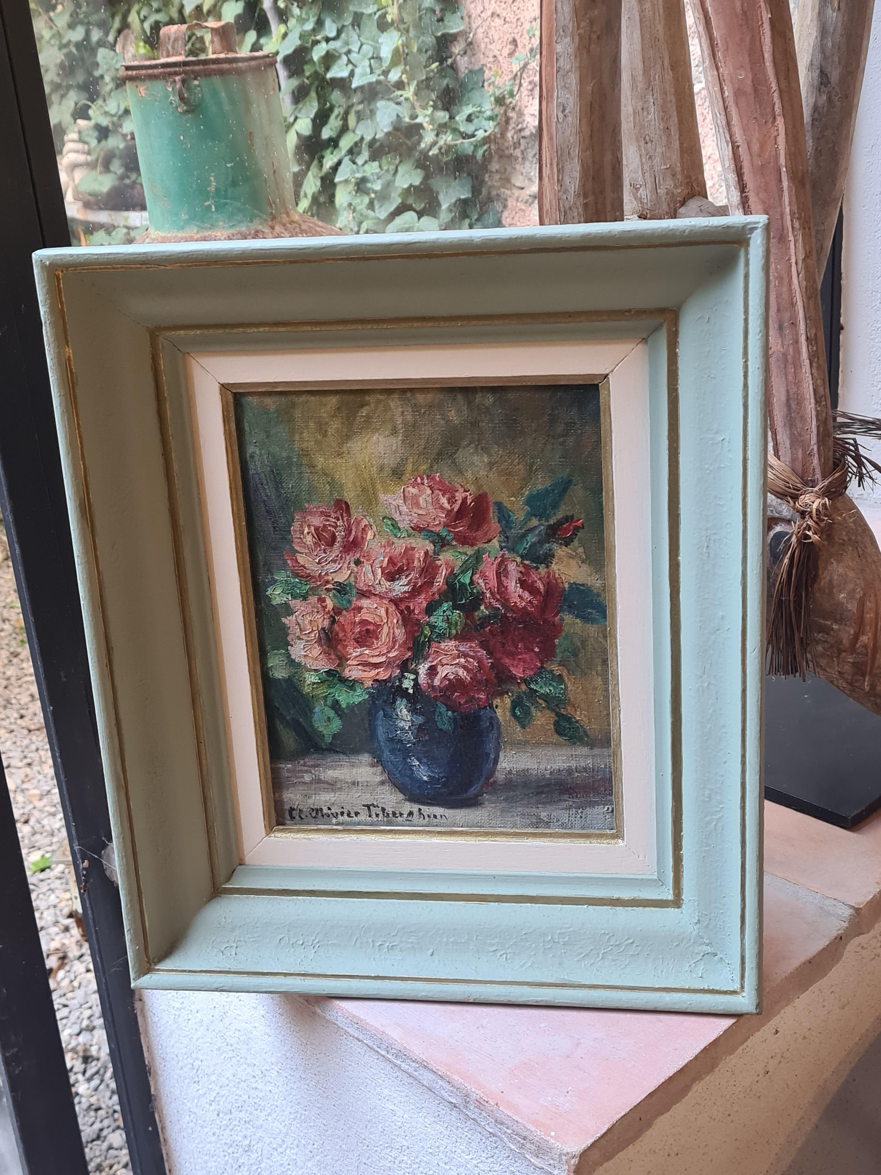 Nature morte impressionniste française du milieu du siècle, roses dans un vase 5
