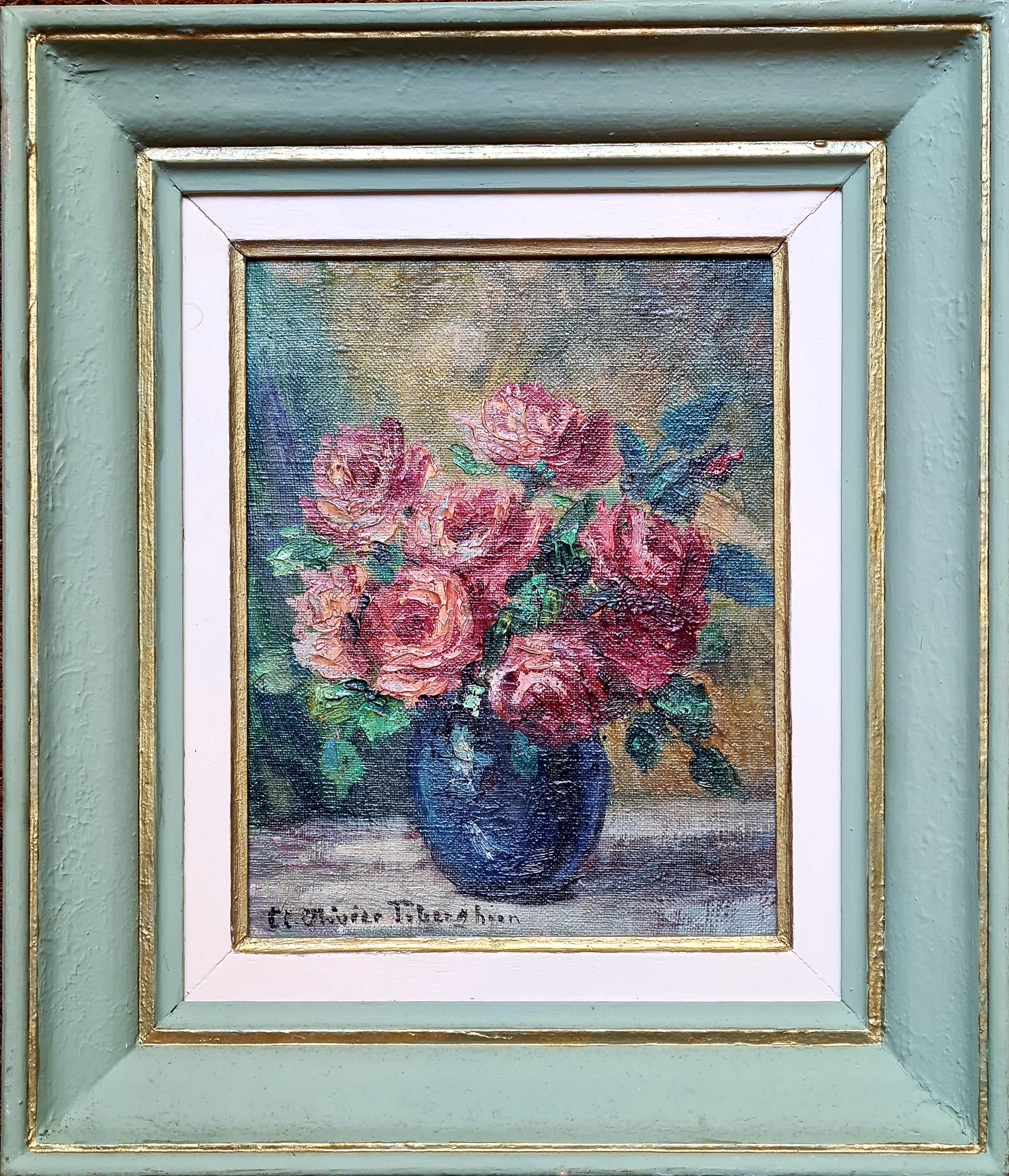 Nature morte impressionniste française du milieu du siècle, roses dans un vase - Painting de Claire Olivier-Tiberghien