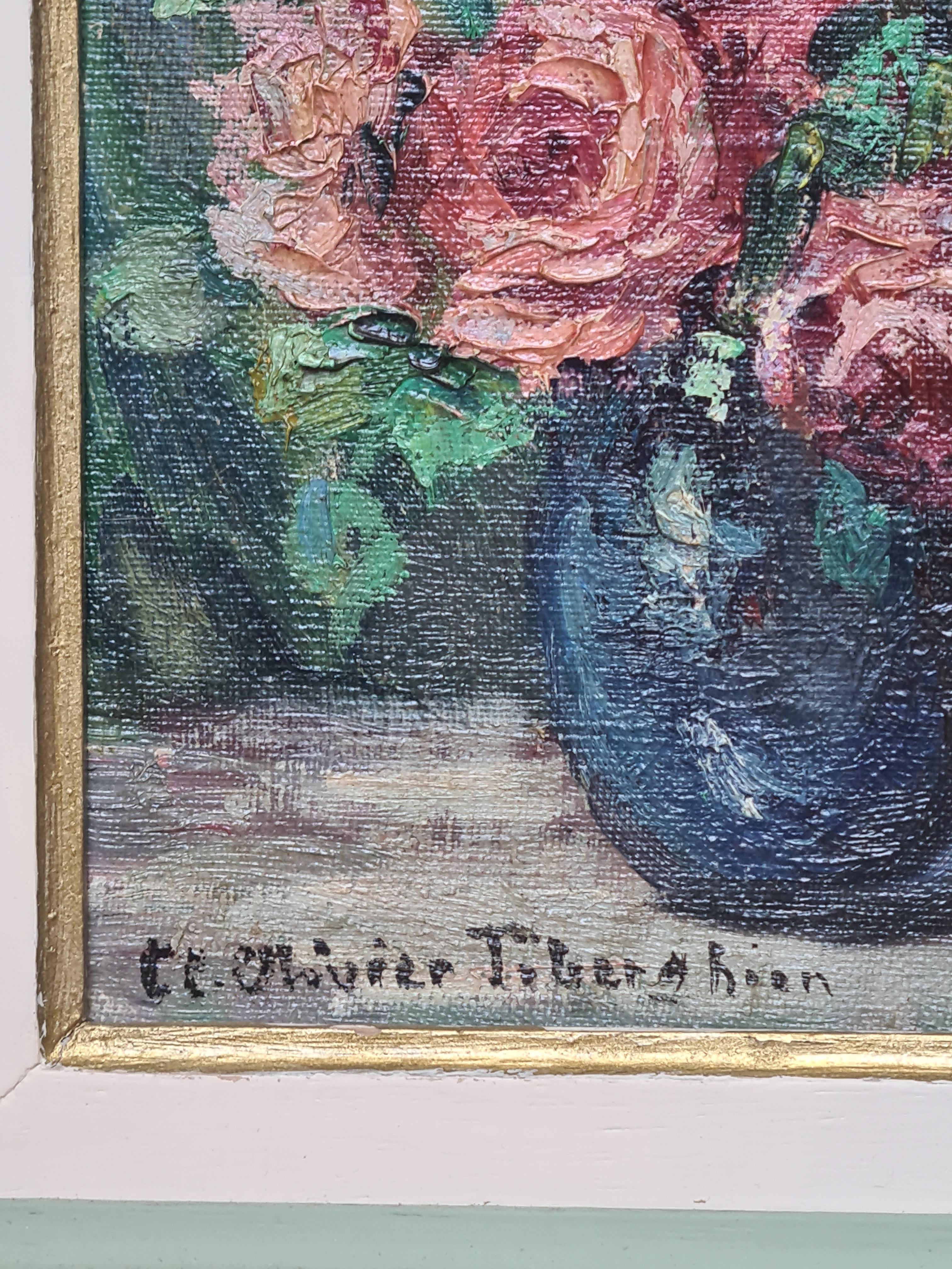 Nature morte impressionniste française du milieu du siècle, roses dans un vase - Impressionnisme Painting par Claire Olivier-Tiberghien