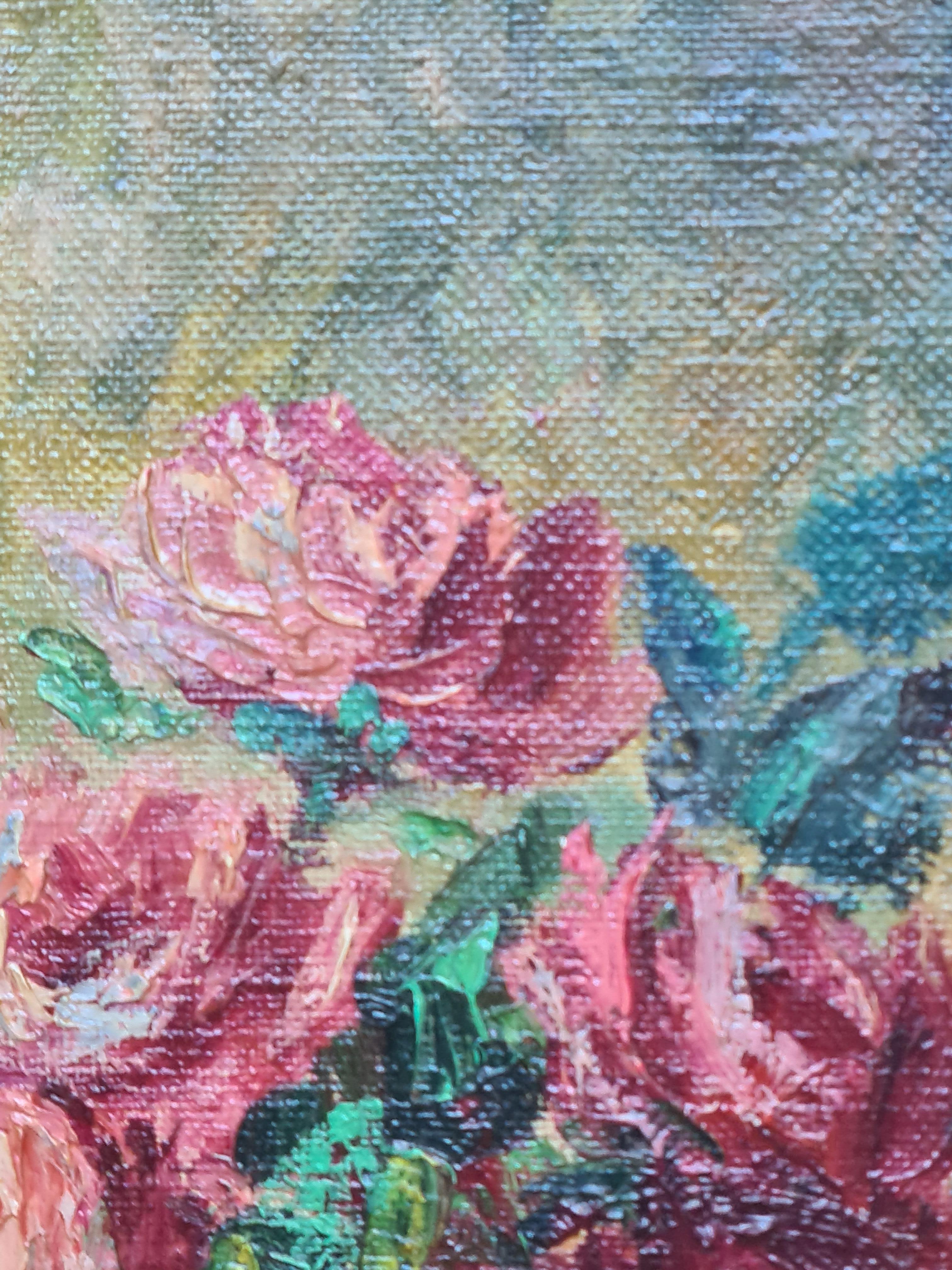 Nature morte impressionniste française du milieu du siècle, roses dans un vase 1