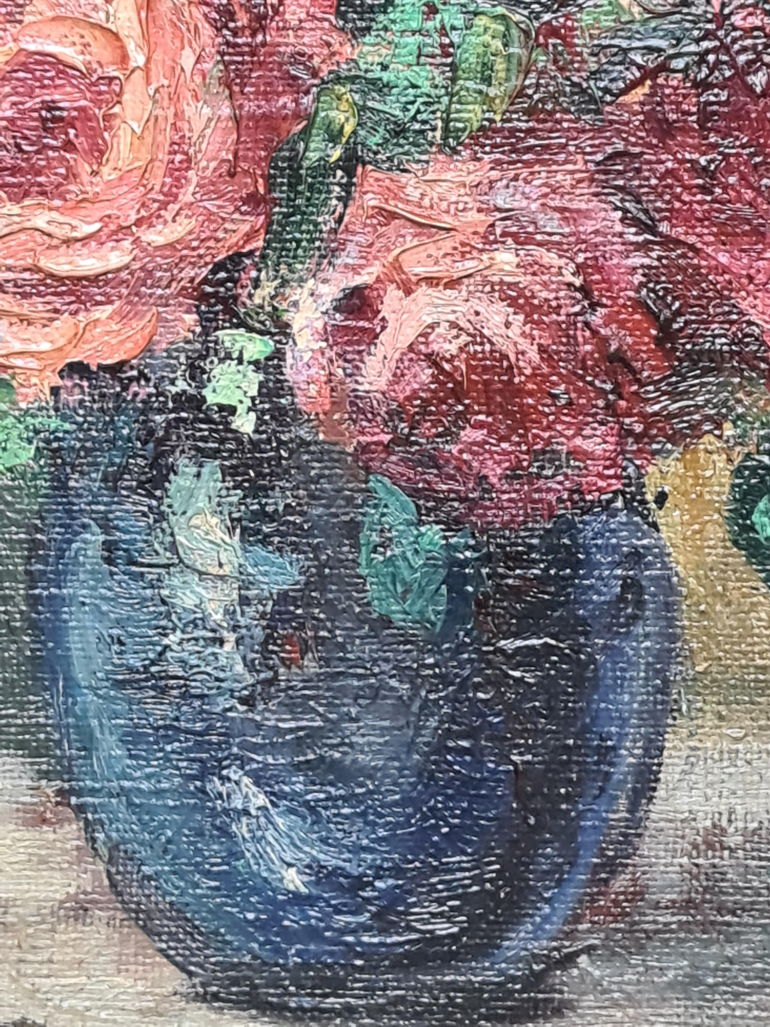 Nature morte impressionniste française du milieu du siècle, roses dans un vase 2