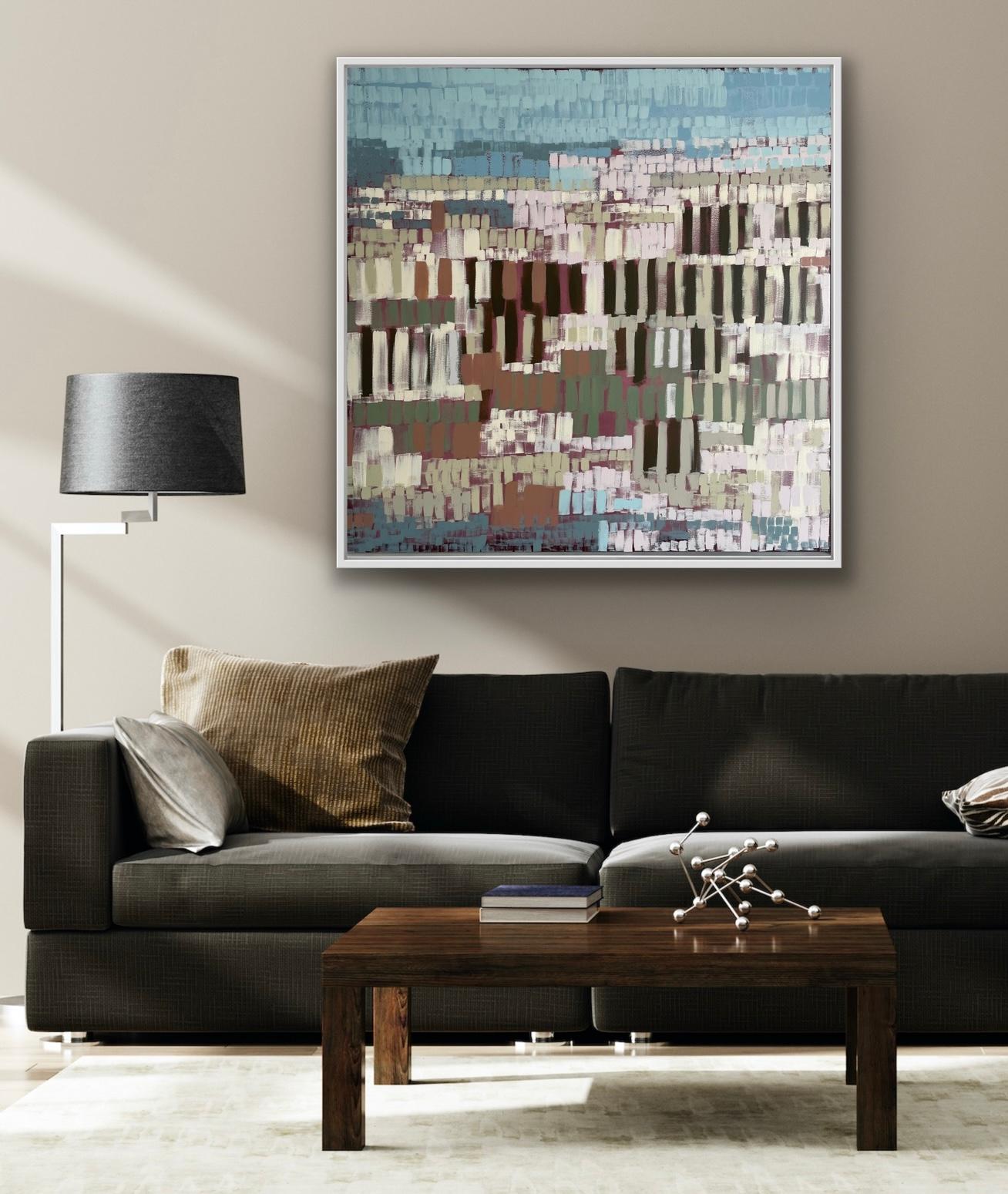 Claire Oxley After the Harvest Original abstract landscape on canvas ; mixed media on canvas Taille de la toile : 101x101x3,7cm ; taille du cadre 105x105x5,2cm Encadré dans un cadre sur mesure de type plateau blanc cassé After the Harvest par Claire