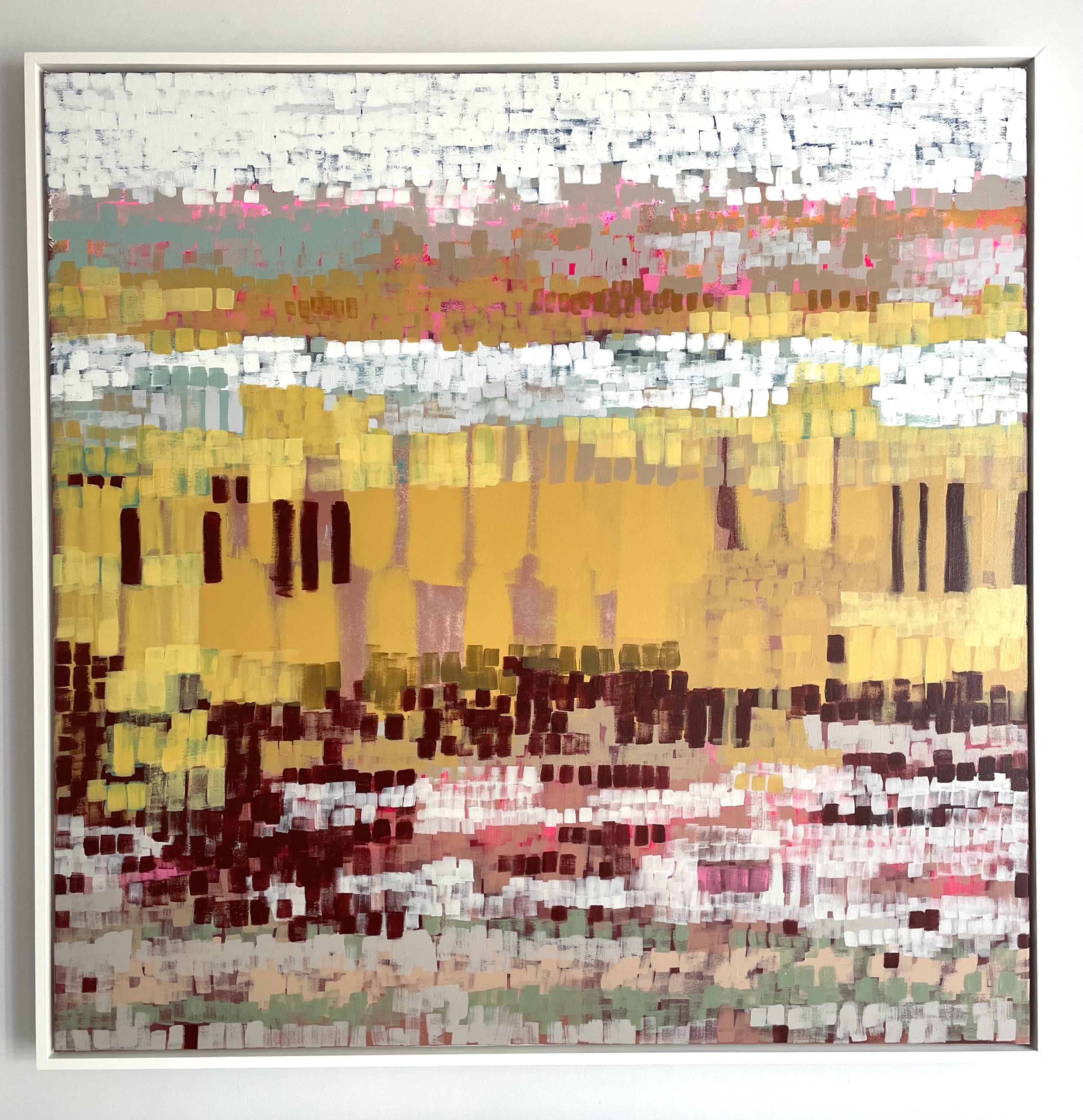 Claire Oxley Cornlight Original abstract landscape on canvas; mixed media on canvas. Canvas size: 101x101x4.2cm; framed size 105x105x5.2cm. Framed in off-white tray-style bespoke frame. 'Cornlight' by East Anglian-based artist Claire Oxley is an