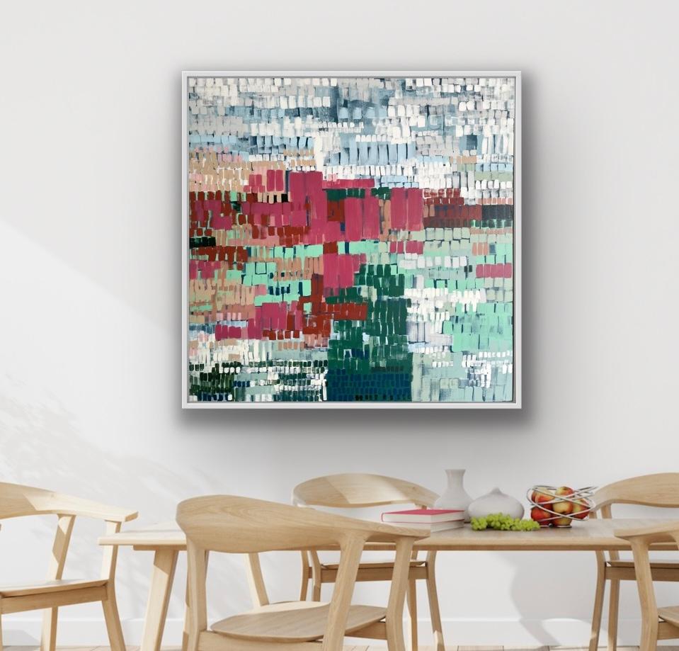 Wasserblumen und Hagebutten, Originalgemälde, Landschaft, abstrakt, Mischtechnik (Zeitgenössisch), Painting, von Claire Oxley