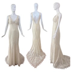CLAIRE PETTIBONE 2015 Vanilla Cremefarbenes rückenfreies Hochzeitskleid aus Spitze