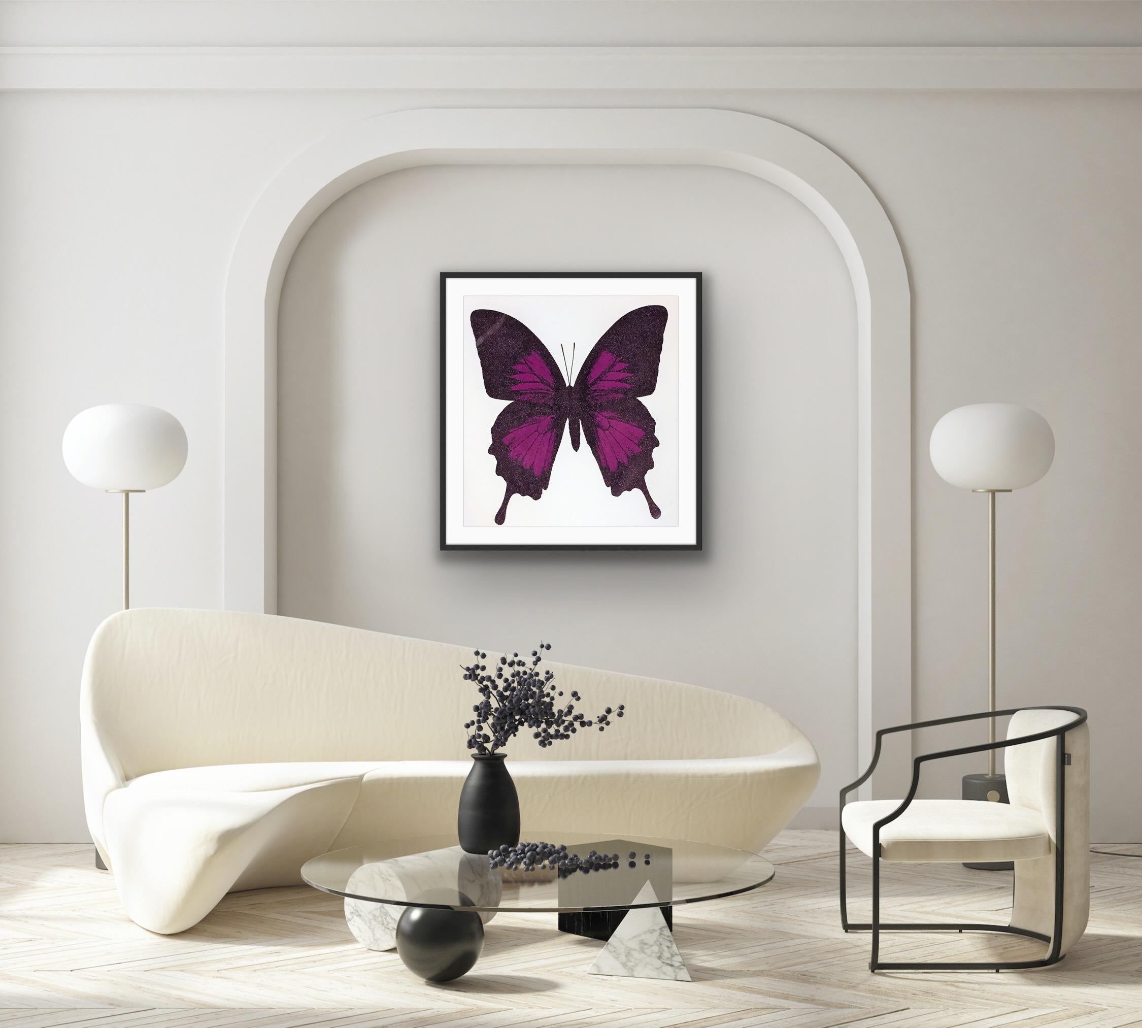 A purple butterfly print with diamond dust. A purple butterfly appears in front of a white background.

Additional information:
Claire Robinson: Papilio Ulysses - Aubergine.
Foam on Dust
Limited edition screen print in an edition of 10.
Sold