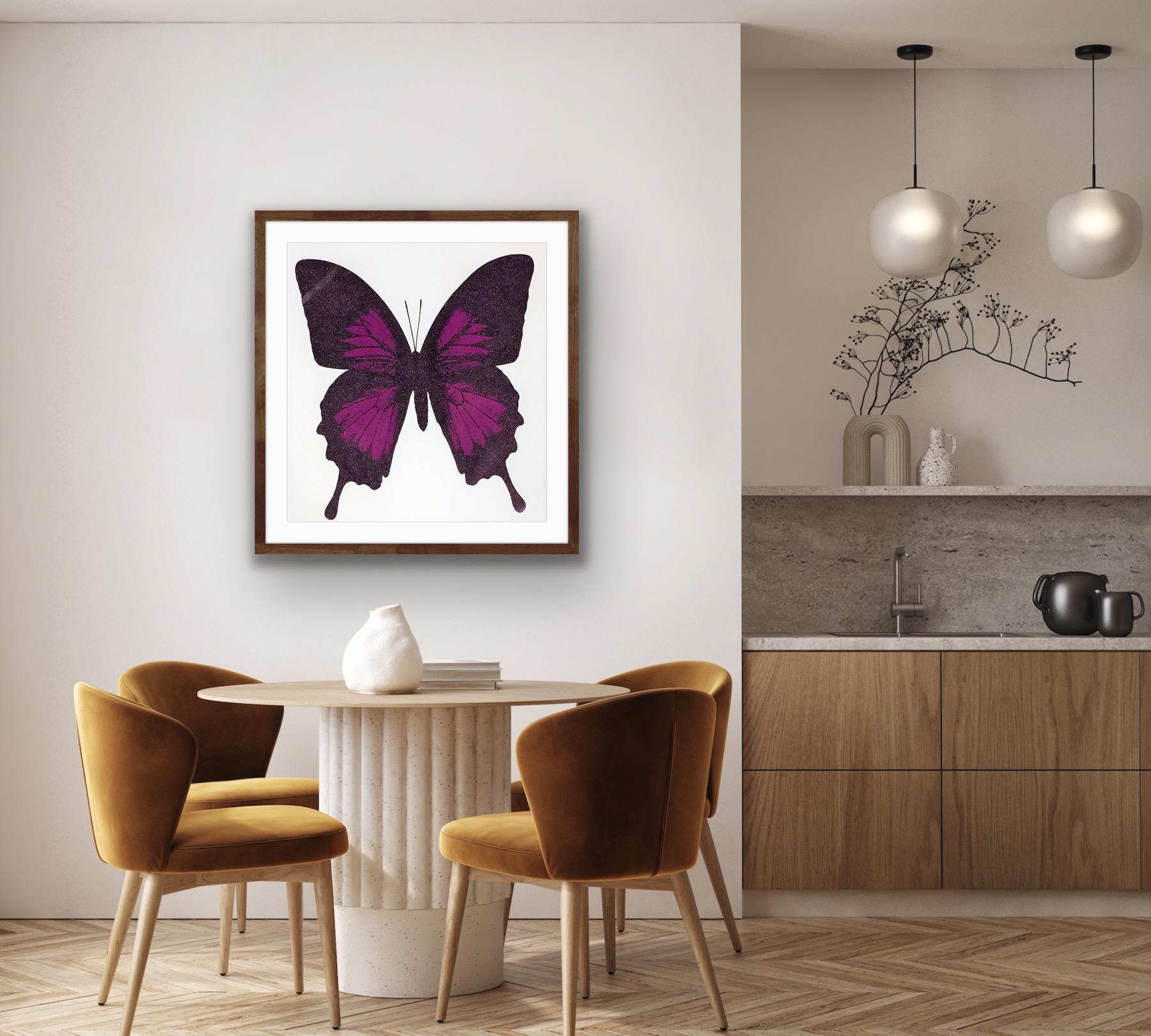Papilio Ulysses - Aubergine, Handmade Screen Print, Butterfly Art, Diamond dust For Sale 3