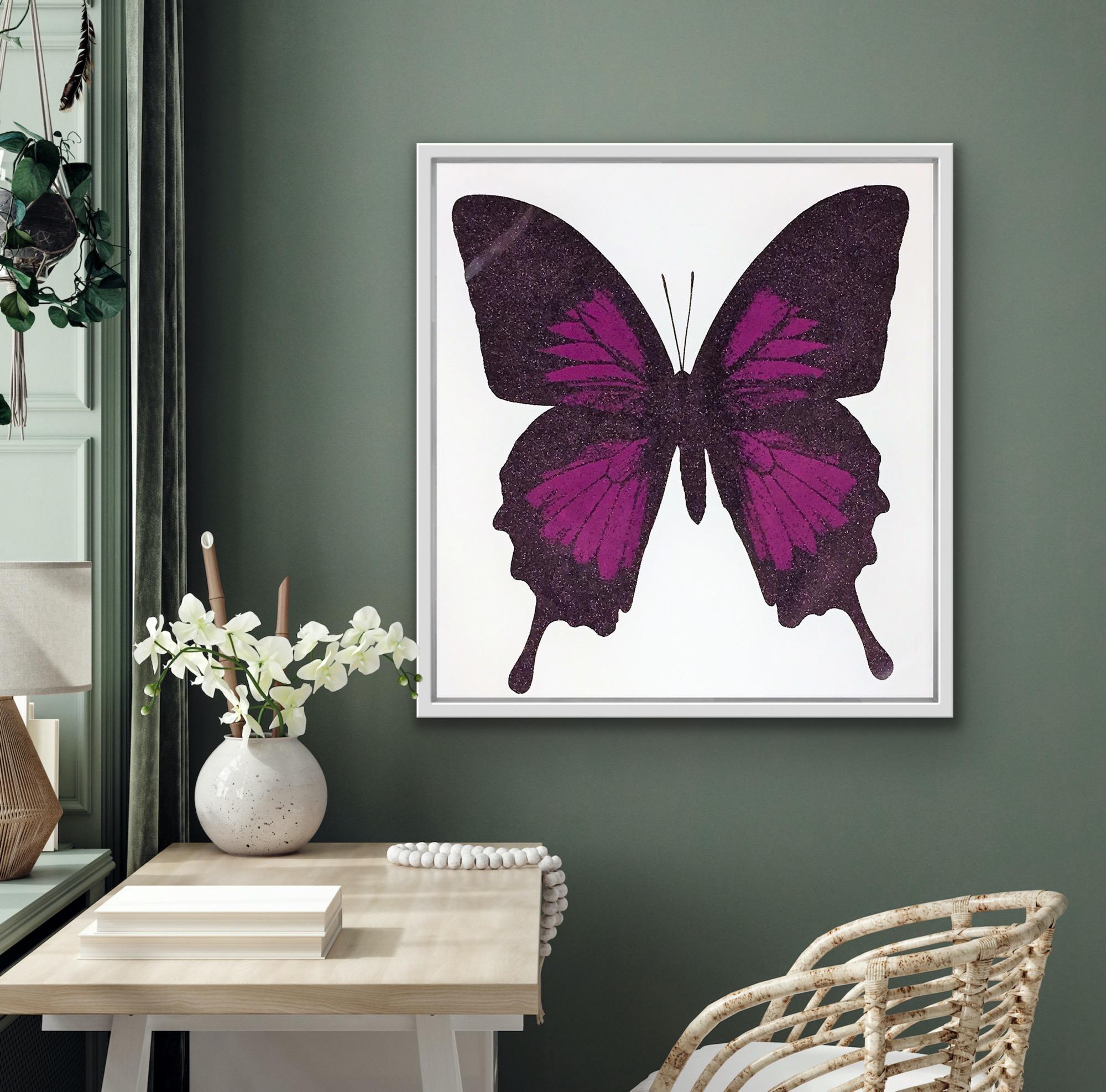 Papilio Ulysses - Aubergine, Handmade Screen Print, Butterfly Art, Diamond dust For Sale 3