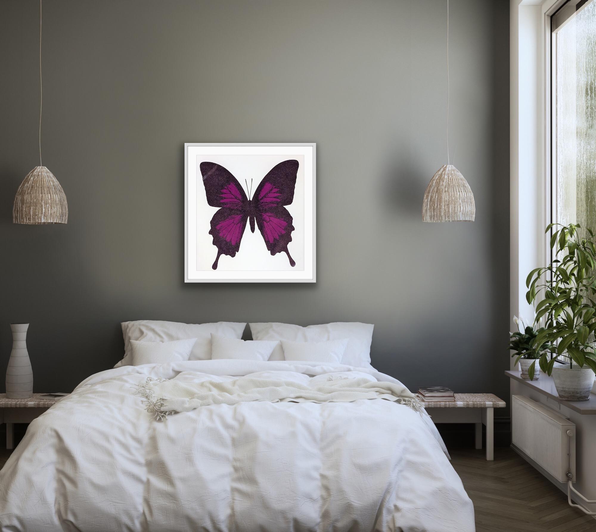 Papilio Ulysses - Aubergine, Handmade Screen Print, Butterfly Art, Diamond dust For Sale 4