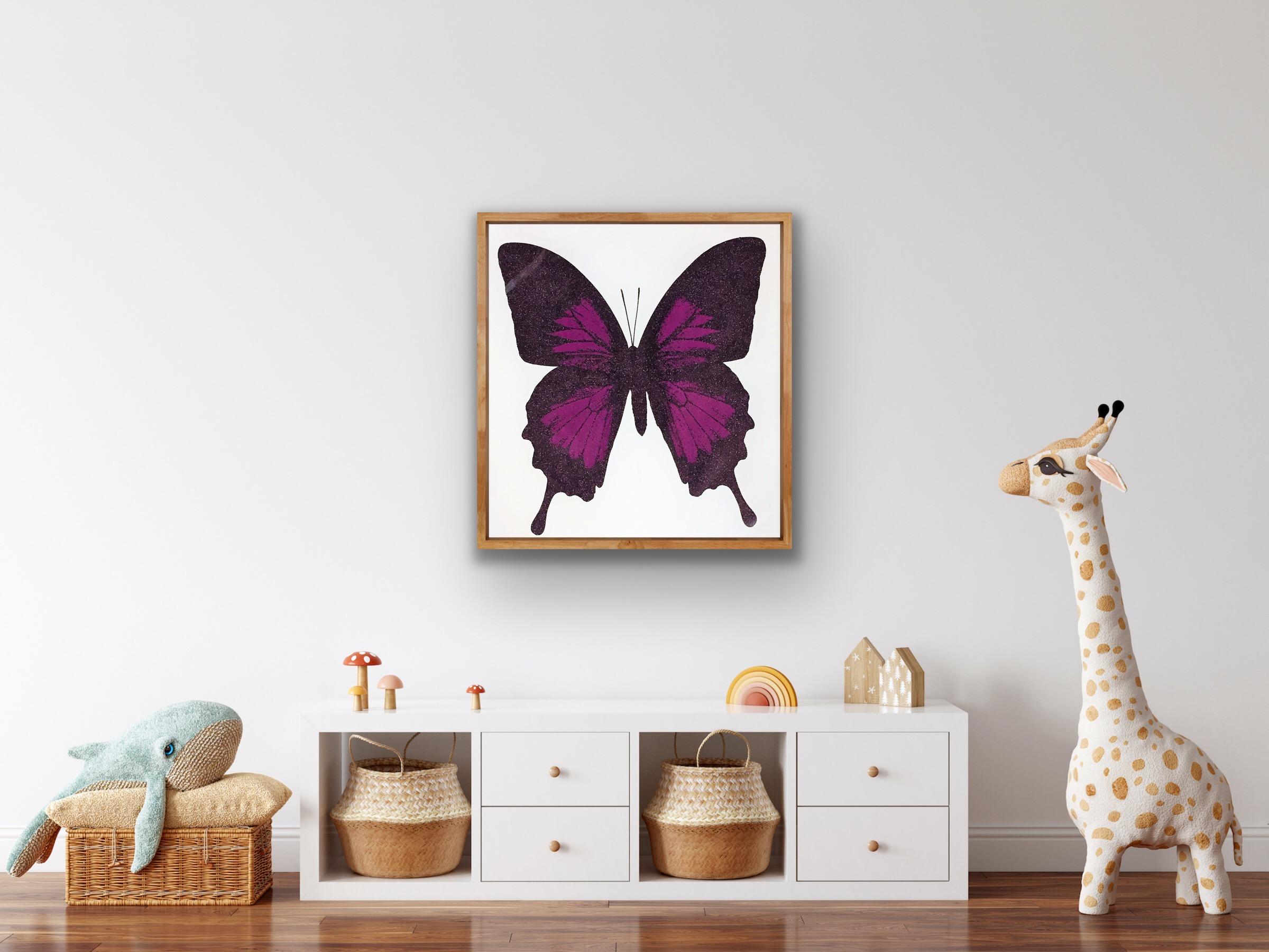 Papilio Ulysses - Aubergine, Handmade Screen Print, Butterfly Art, Diamond dust For Sale 5